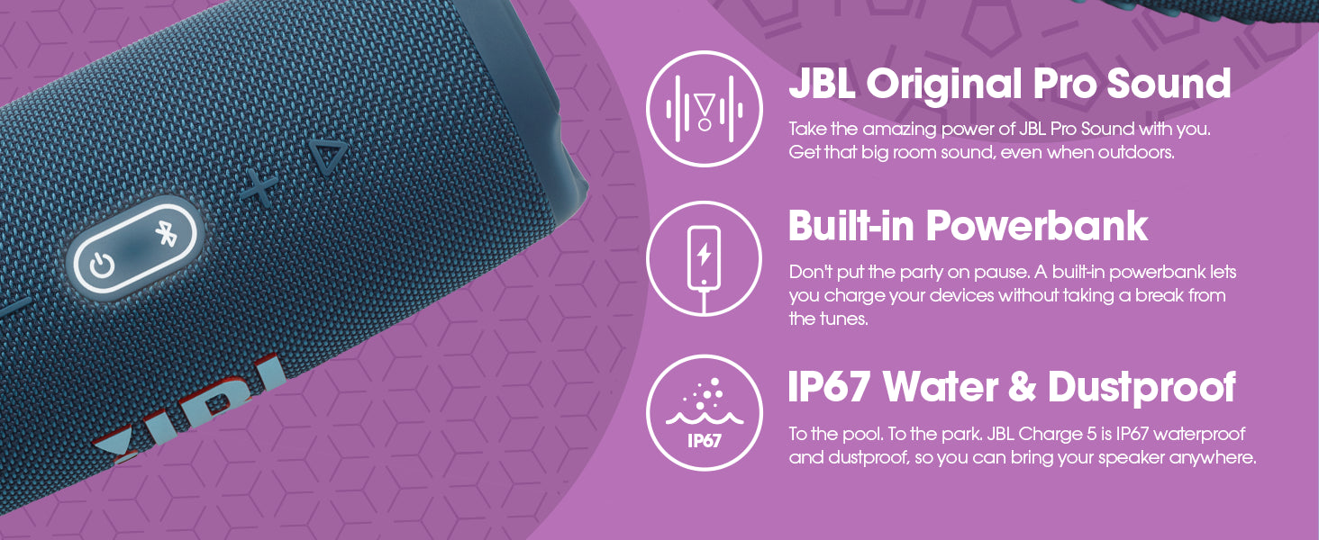 JBL Charge 5 - Portable Bluetooth Speaker with deep bass, IP67 waterproof and dustproof, 20 hours of playtime, built-in powerbank, in blue