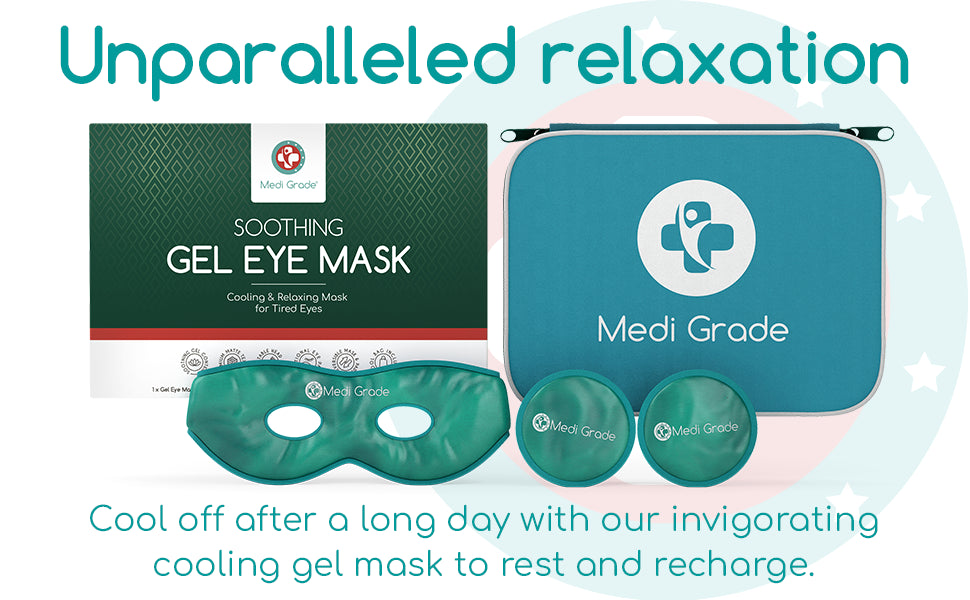 Medi Grade Cooling Eye Mask - Reusable Gel Eye Mask with 2 x Cooling Eye Pads and Cooling Storage Bag - Enjoy Relaxation at Home or On The Go with Our Reversible Eye Compress with Adjustable Straps