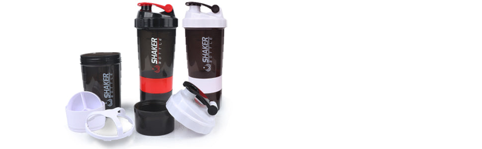 VECH Protein Shaker Bottle - Sports Water Bottle - Non Slip 3 Layer Twist Off 3oz Cups with Pill Tray - Leak Proof Shake Bottle Mixer- Protein Powder 16 oz Shake Cup with Storage (Black)