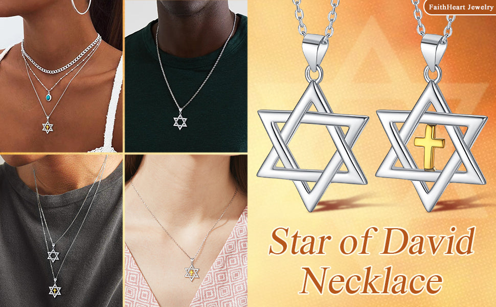 FaithHeart Star of David Hexagram Pendant Jewish Necklace for Men Women Sterling Silver/Stainless Steel Magen David Jewellery with sturdy Chain