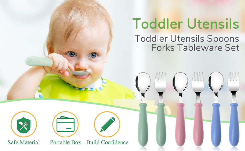 Baby Fork and Spoon 3 Set,Toddler Utensils Spoons Forks Tableware Set with Travel Safe Carry Case for Kids Self Feeding, Baby Utensils Self Feeding Learning Spoons Silverware Set for Kitchen Home Use