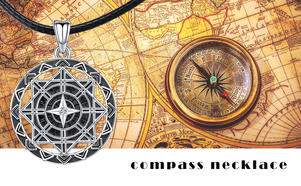 Compass Necklace for Men, S925 Sterling Silver Pendant "Compass of Life" Fine Jewellery Gifts with Leather Rope length 22inch (56cm)