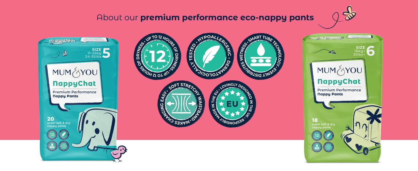 Mum & You Nappychat Premium Performance Eco Nappy Pants, Size 6 (XL) 18 Nappies, with Smart Tube Technology for Extra Leak Protection.