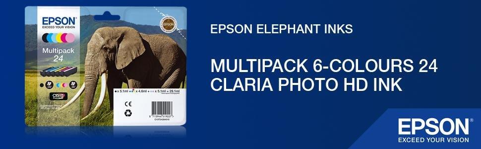 Epson 24XL Elephant High Yield Genuine Multipack, 6-colours Claria Photo HD Ink Cartridges, Black/Yellow/Magenta/Cyan, XL High Capacity
