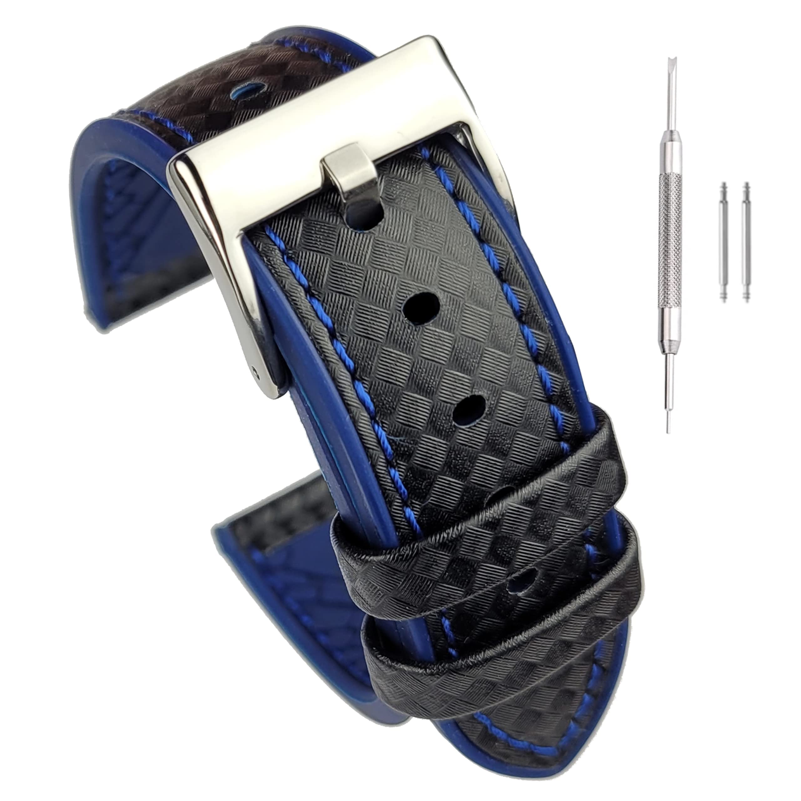 Carbon Fibre Pattern Watch Strap Band - Leather Silicone Hybrid - 20mm 22mm - Black Orange Blue - Spring Bars and Tools Included