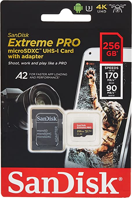 SanDisk Extreme Pro 256 GB microSDXC Memory Card + SD Adapter with A2 App Performance + Rescue Pro Deluxe 170 MB/s Class 10, UHS-I, U3, V30
