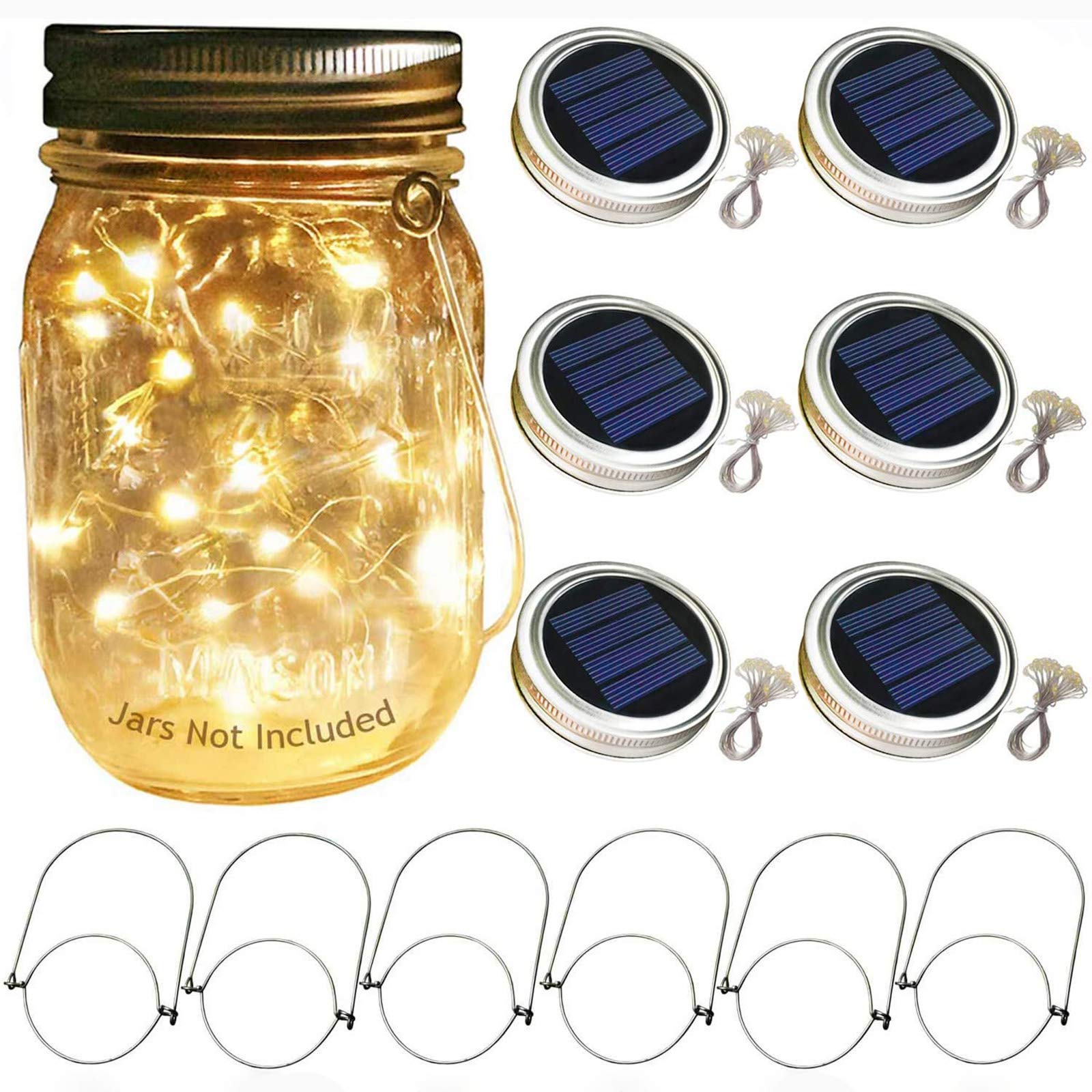 Solar Mason Jar Lid Lights - 6 Pack 20 LEDs Fairy Star Firefly Jar Lids Lights,Jars Not Included, Best for Mason Jar Decor,Great Outdoor Decor for Patio Garden Yard,Warm White