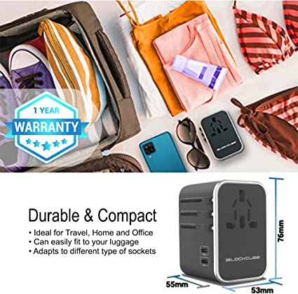 iBlockCube Travel Adapter, World's First 35W Dual Type C | 3 USB Ports with 3.5A Fast Speed Charger, & Universal AC Socket, All in One Portable Adaptor Wall Plug Compatible for 150+ Countries (Silver)