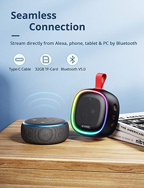 2022 Bluetooth Speaker with RGB Light, LENRUE IPX7 Waterproof Portable Shower Speaker w/HD Sound, TWO Pairing, Bass, 20H Playtime, True Stereo Wireless Mini Speaker for Outdoor Party Kayak Bath Travel