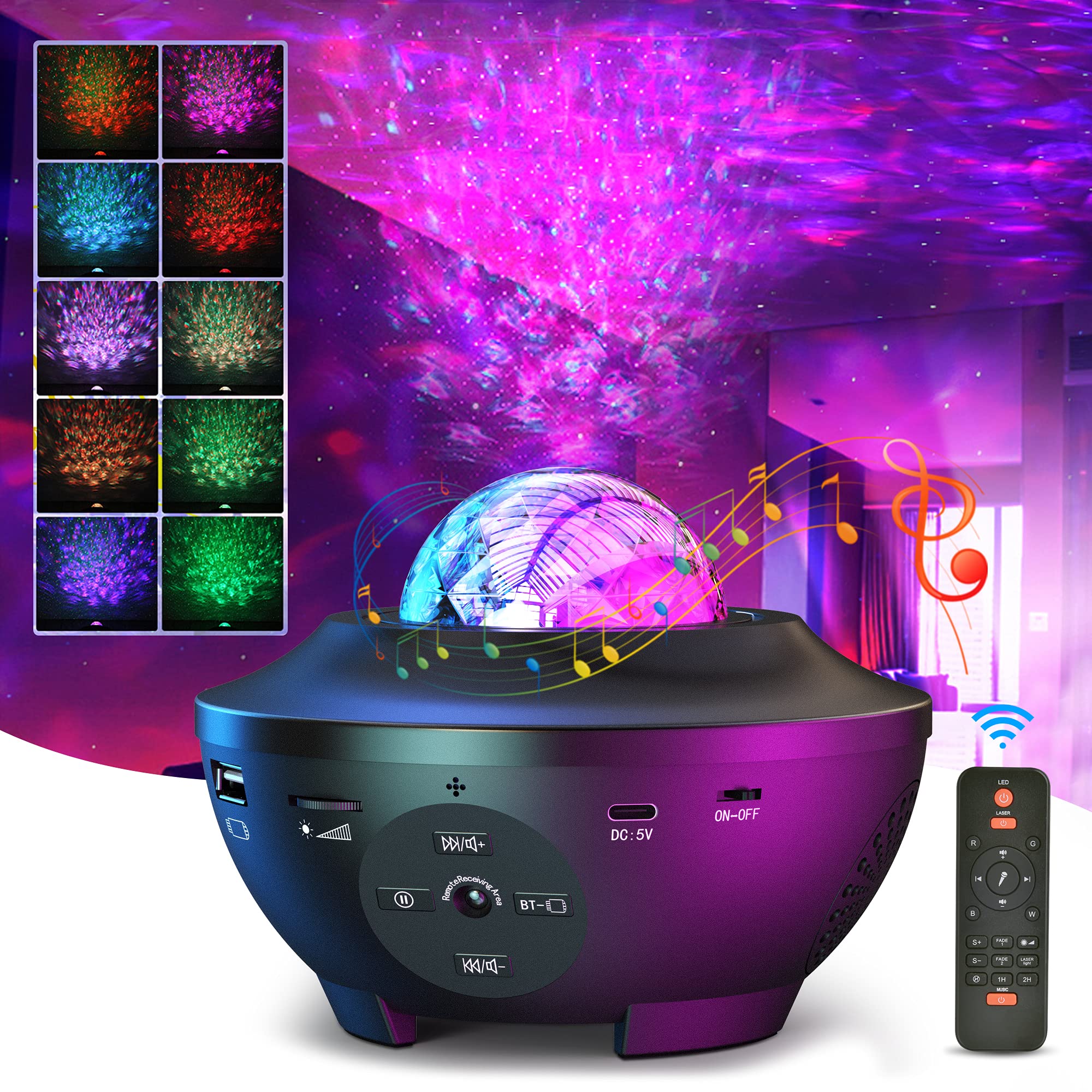 Star Projector Galaxy Light Projector Ocean Wave LED Night Light Lamp with Remote Control Colors Changing Music Bluetooth Speaker Timer for Baby