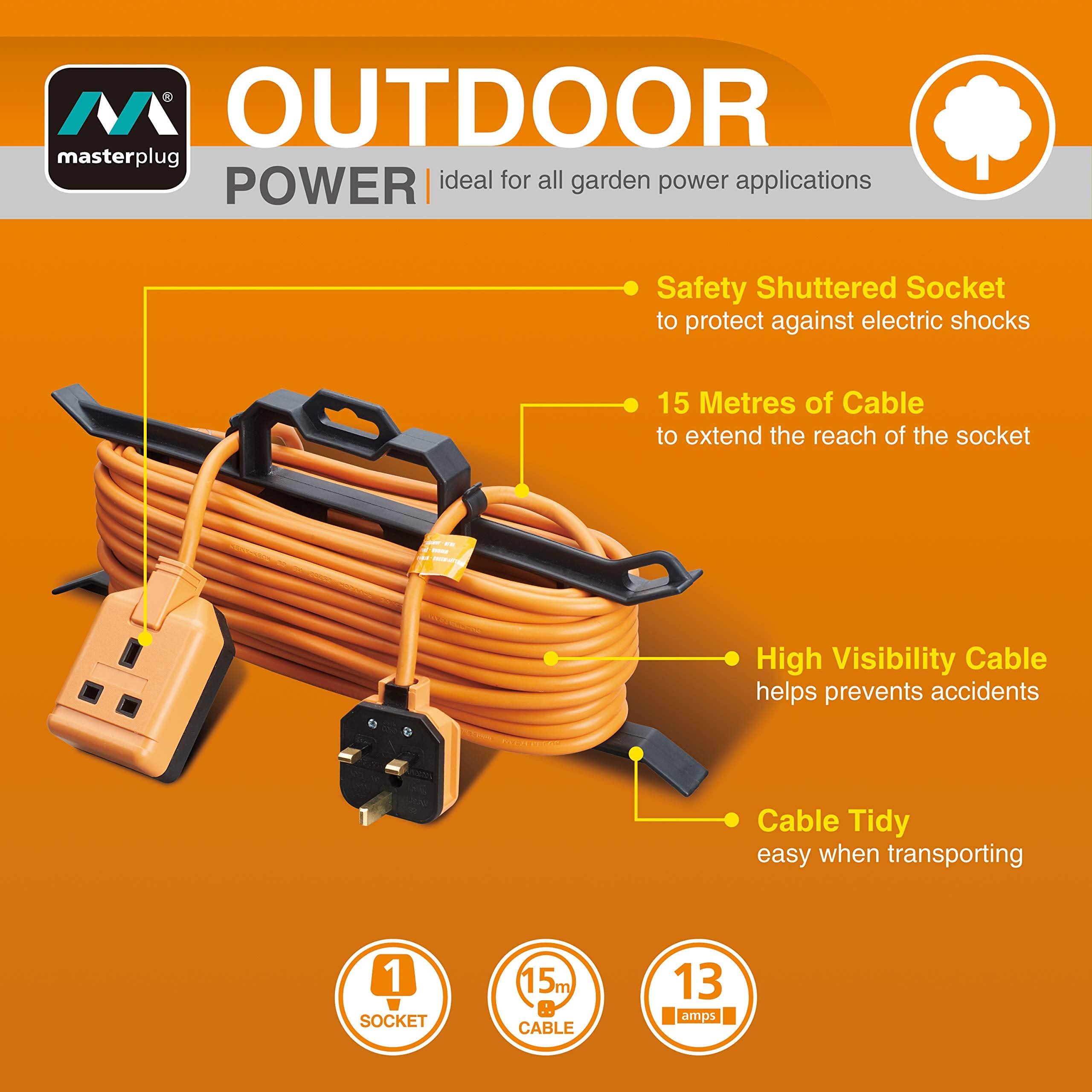 Masterplug MSTCT1513 Outdoor Single Socket Extension Lead with ‘H’ Frame Cable Tidy, 15 Metres, Orange