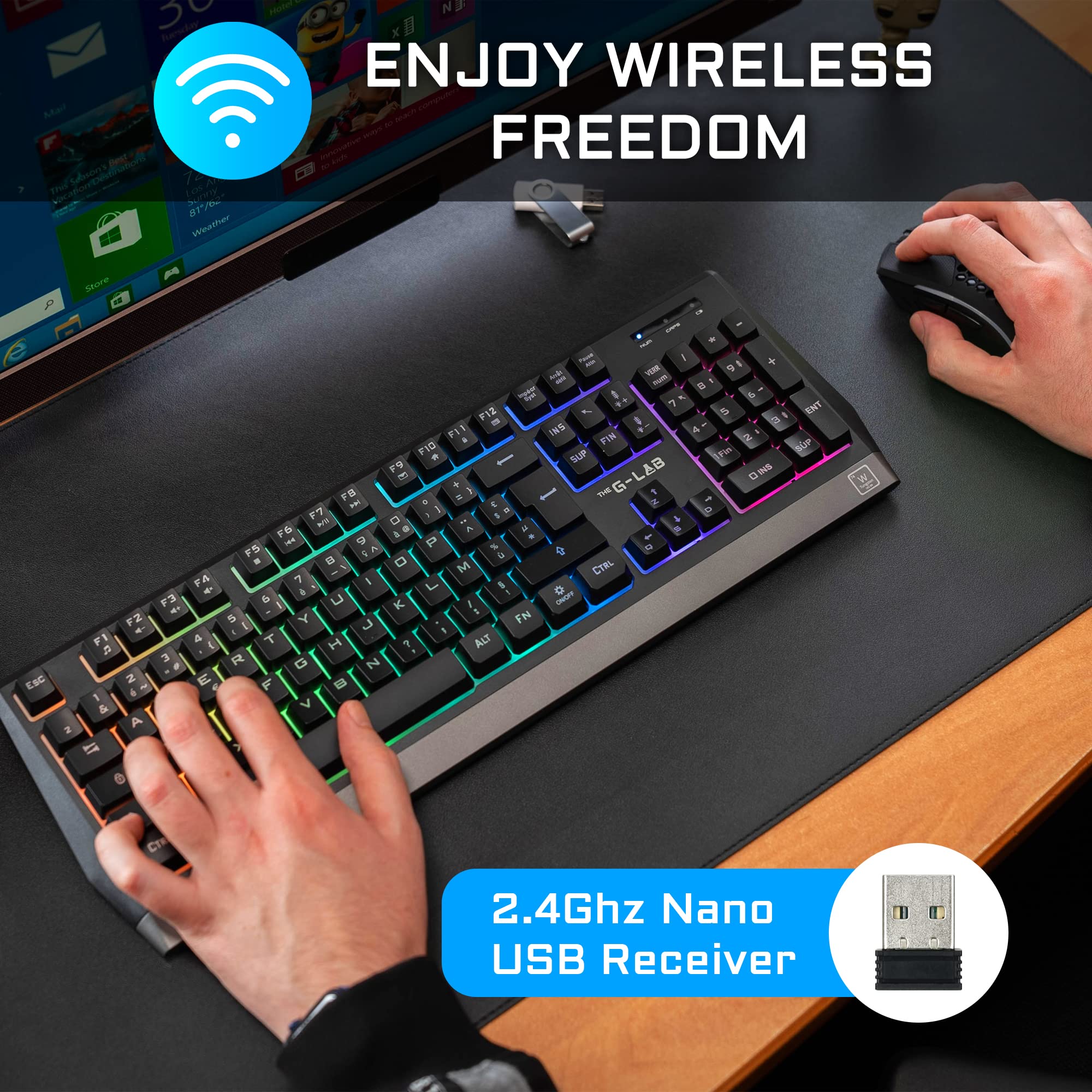 THE G-LAB Combo TUNGSTEN - Backlit Wireless Gaming Keyboard and Mouse Set – UK QWERTY Wireless Gaming Keyboard + 2400 DPI Wireless Gaming Mouse - Pack for PC/PS4/PS5/Xbox One/Xbox Series X/S - NEW