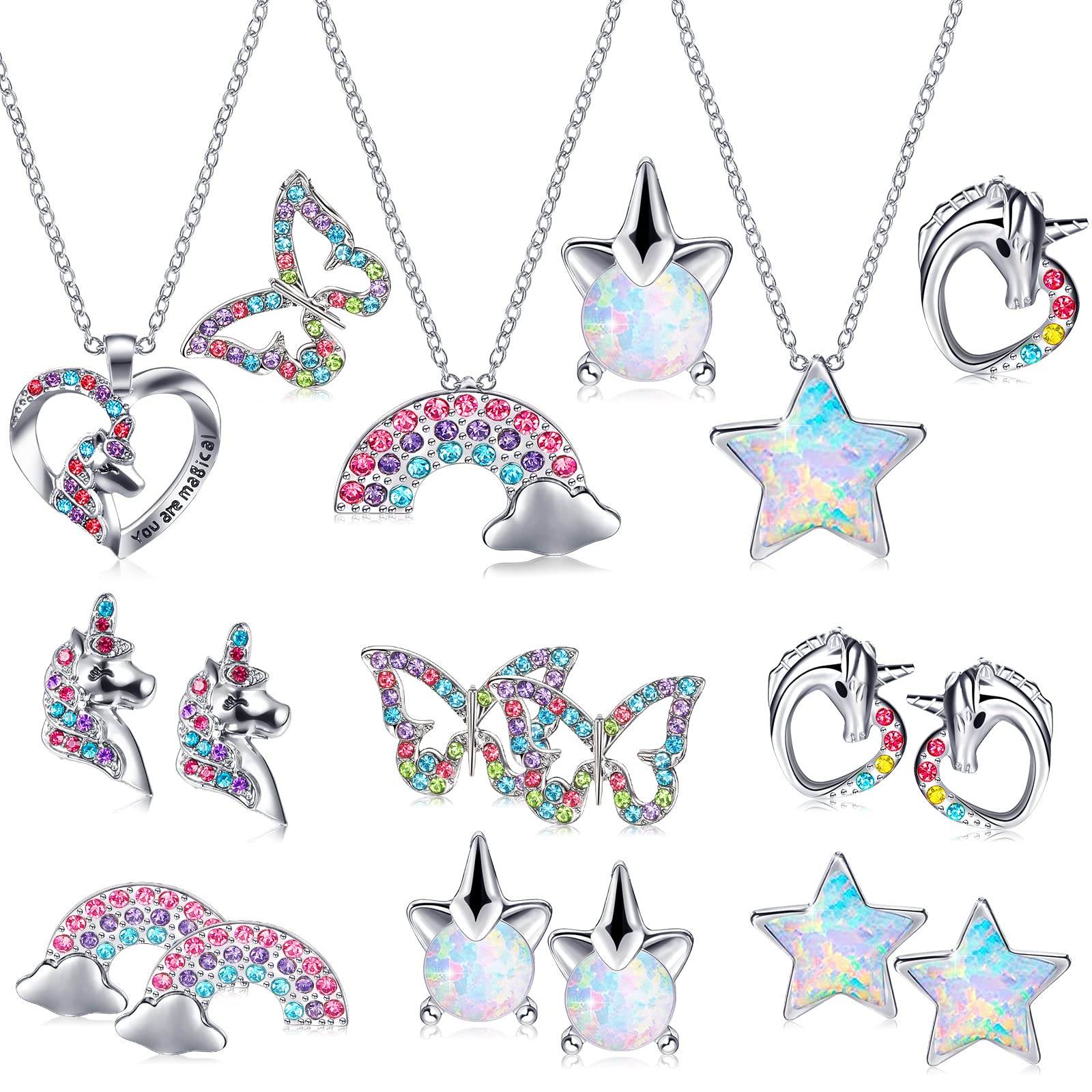 18 Pack Girls Earrings and Necklace Set Unicorn Heart Butterfly Star Necklace Kids Earrings Rainbow Unicorn Accessories for Women Girl Jewelry Set with Sponge Filled Cardboard Jewelry Box with Lid