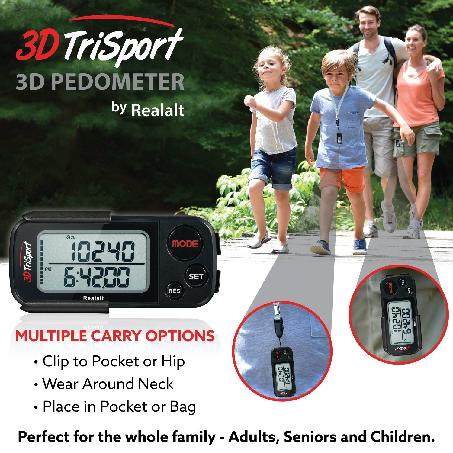 Realalt 3DTriSport 3D Pedometer, Accurate Step Counter with Clip and Strap