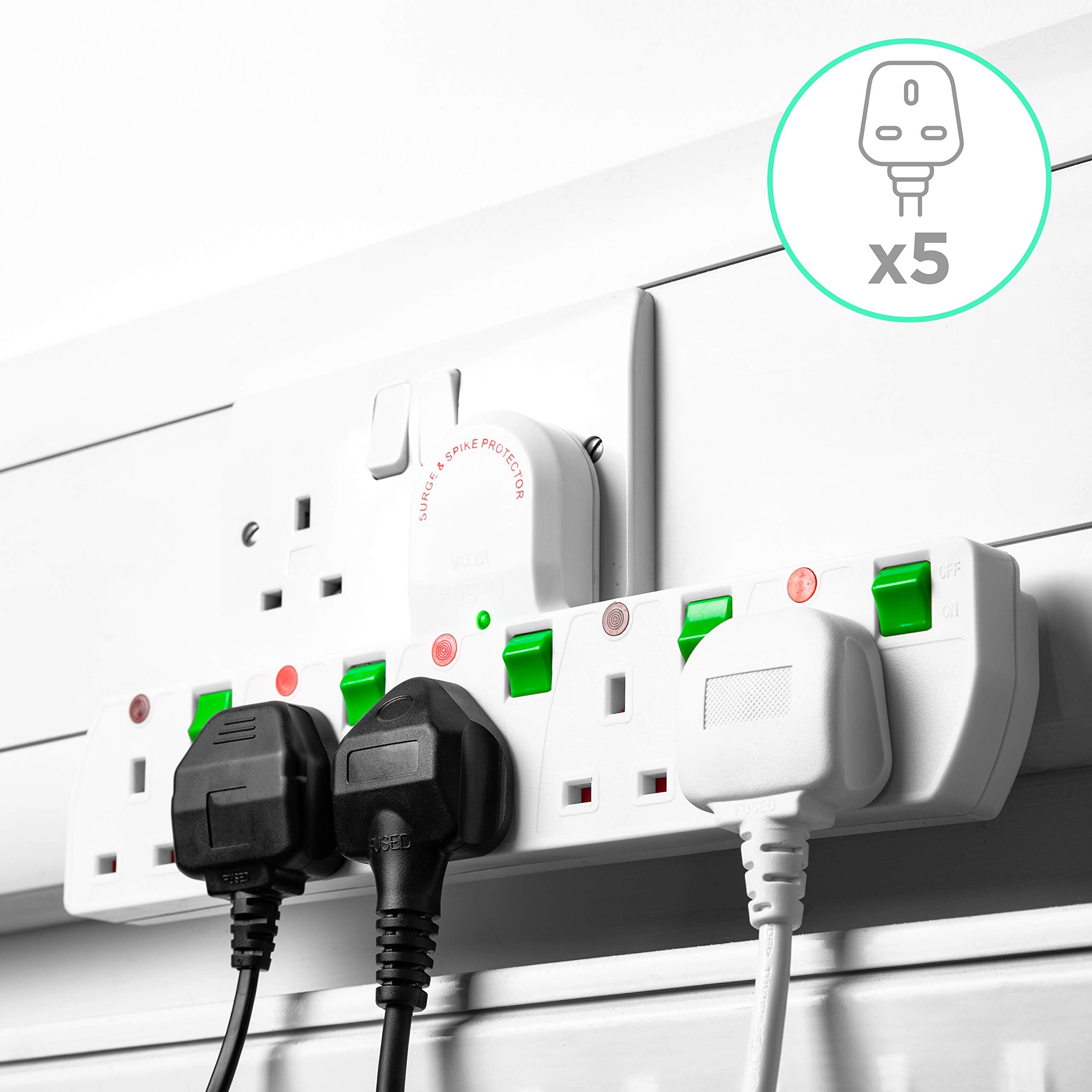 Duronic S125W 5 Way UK Plug Surge Protected Power Extension Adaptor Multi Socket | Switched | White| Switches Turns 1 Socket Into 5, Not 4 | Engineered To Tell You When Surge Is On