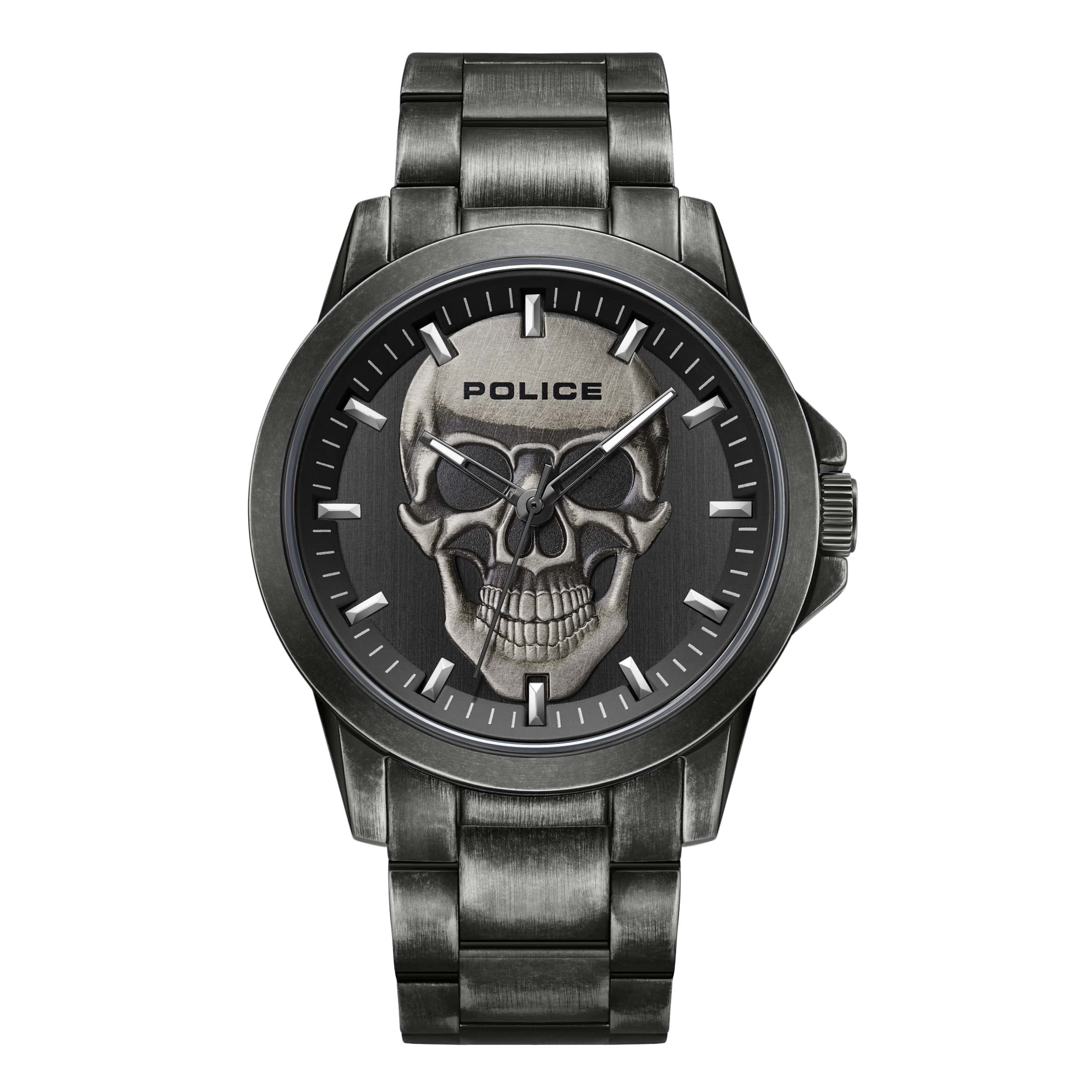 POLICE Flick Mens Watch with Skull Design Dark Grey Dial and Gun Stainless Steel Bracelet 47mm Stainless Steel Case in Branded Watch Box PEWJG2194801-2 Year Warranty