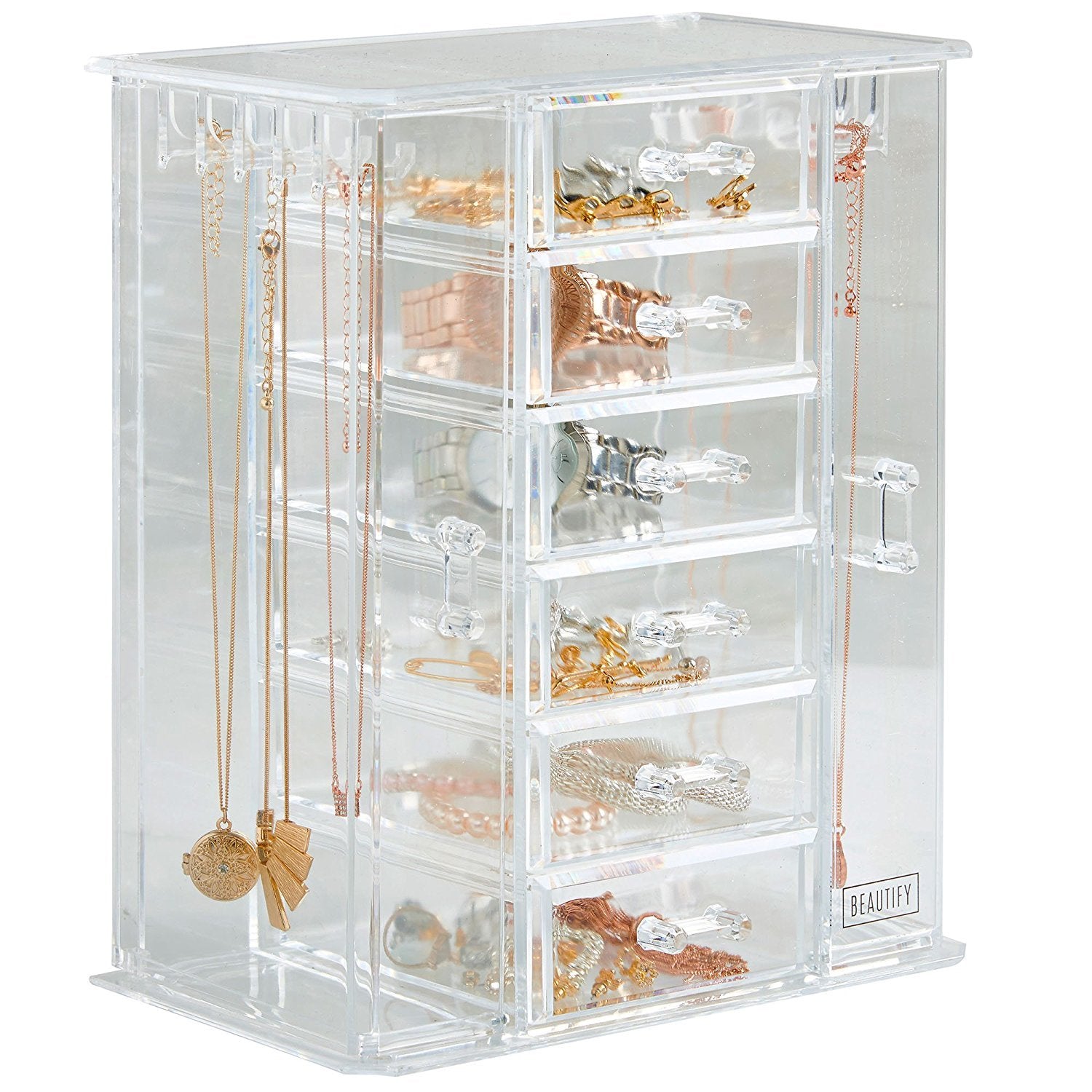 BTFY Acrylic Jewellery Organiser - Acrylic Jewellery Storage w/ 6 Storage Drawers & 9 Hooks - Clear Jewellery Display Box - Transparent Jewellery Holder -For Rings, Earrings, Bracelets & Necklaces