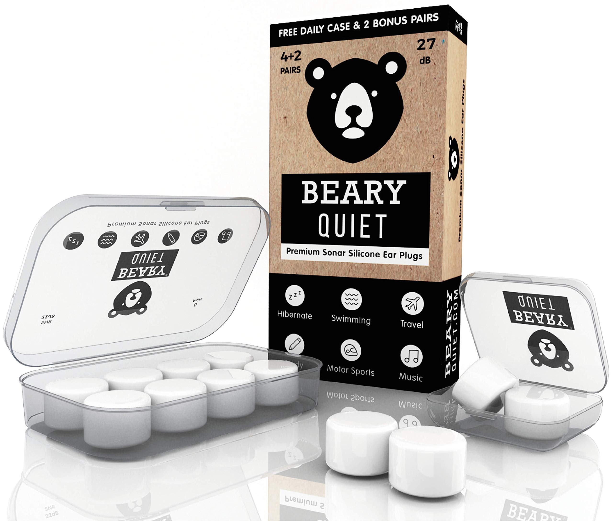 Reusable Ear Plugs for Sleeping by Beary Quiet 6 Pairs Free Case Custom Fit Soft Silicone Earplugs The Best Ear Plugs for Sleeping