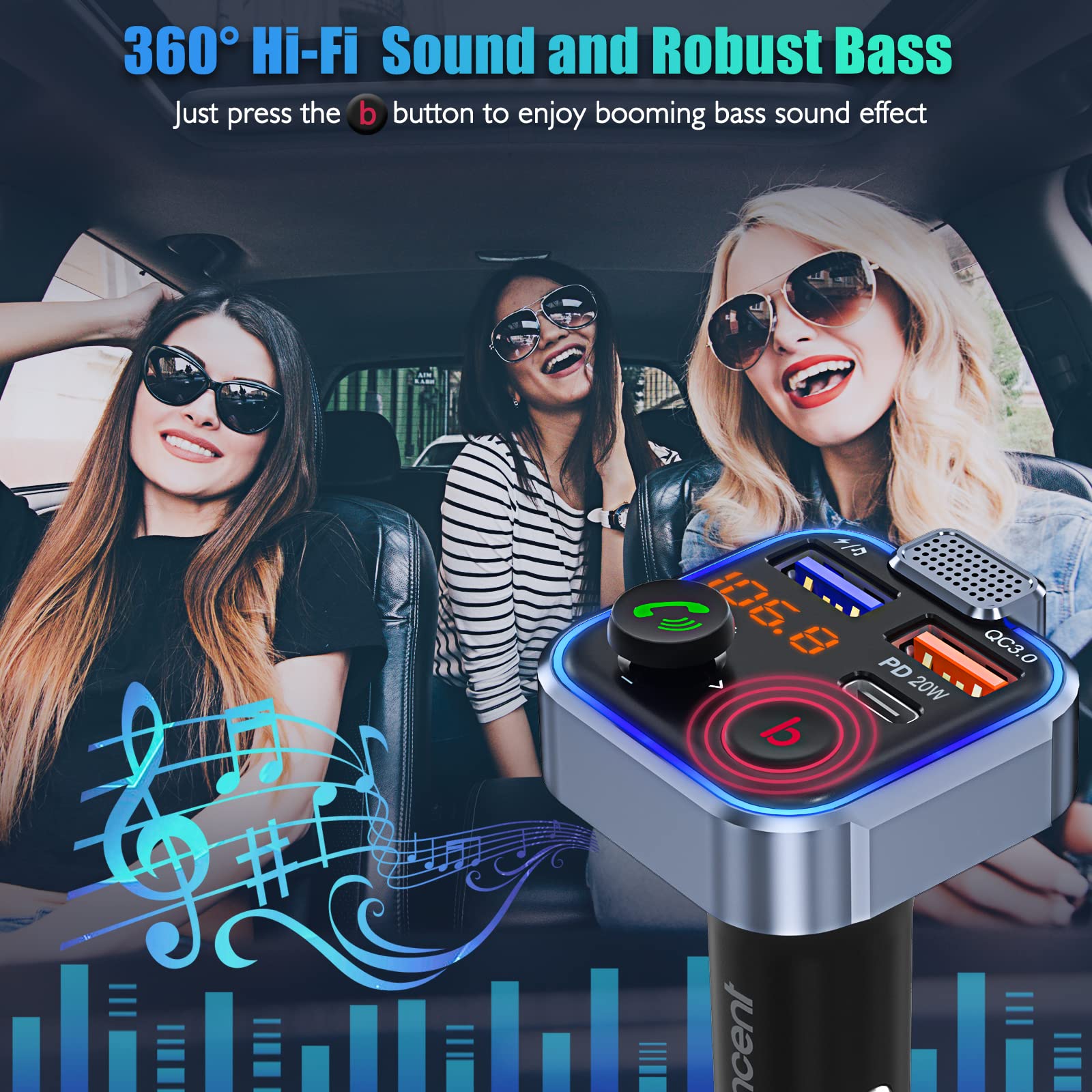 [2022 Version]LENCENT Car FM Transmitter, Wireless Bluetooth 5.0 Radio Adapter Car Kit, PD3.0 Type C 20W+QC3.0 Car Fast Charger, Hands Free Calling, Bass Lossless Hi-Fi Sound Support U Disk