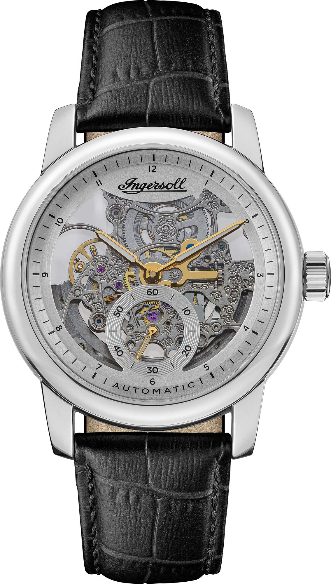 Ingersoll The Baldwin Mens 51mm Automatic Watch in Silver with Analogue Display and Black Leather Strap I11002.