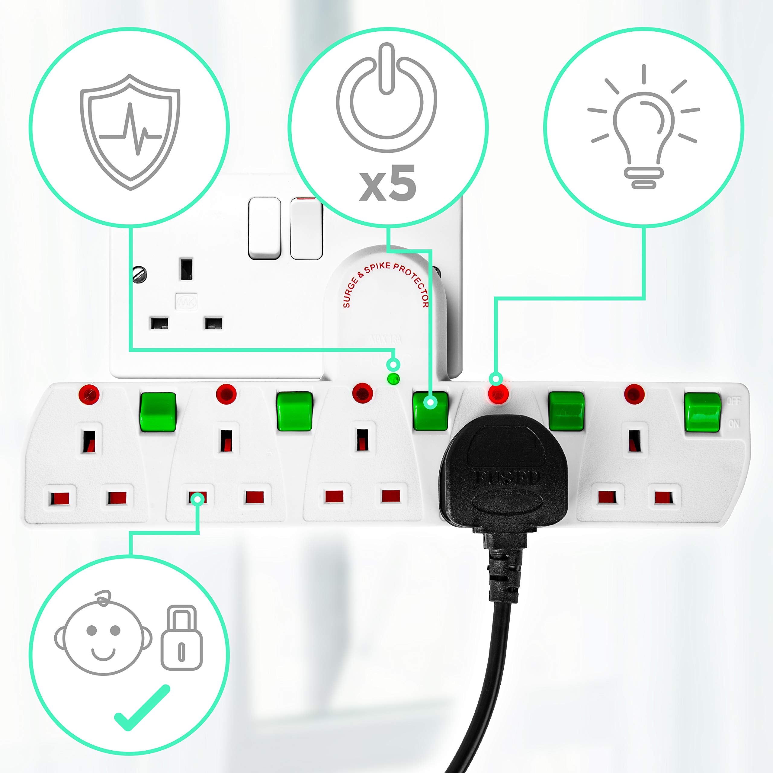 Duronic S125W 5 Way UK Plug Surge Protected Power Extension Adaptor Multi Socket | Switched | White| Switches Turns 1 Socket Into 5, Not 4 | Engineered To Tell You When Surge Is On