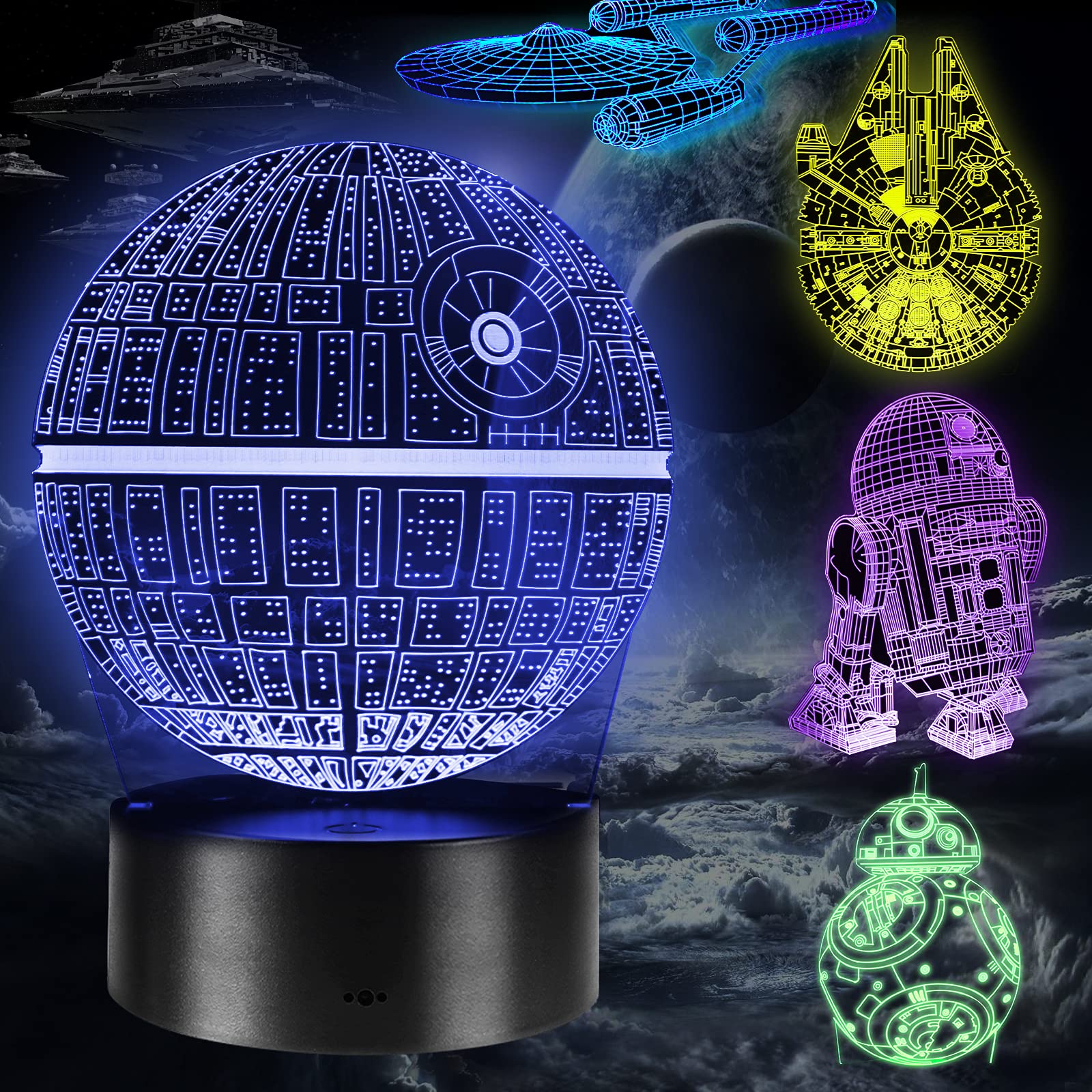 3D Lamp Gifts, 5 Pieces 3D Night Light Toys, 16 Color Changes with Remote Control or Touch, Best Gift for Kids/Boys/Men/Fans