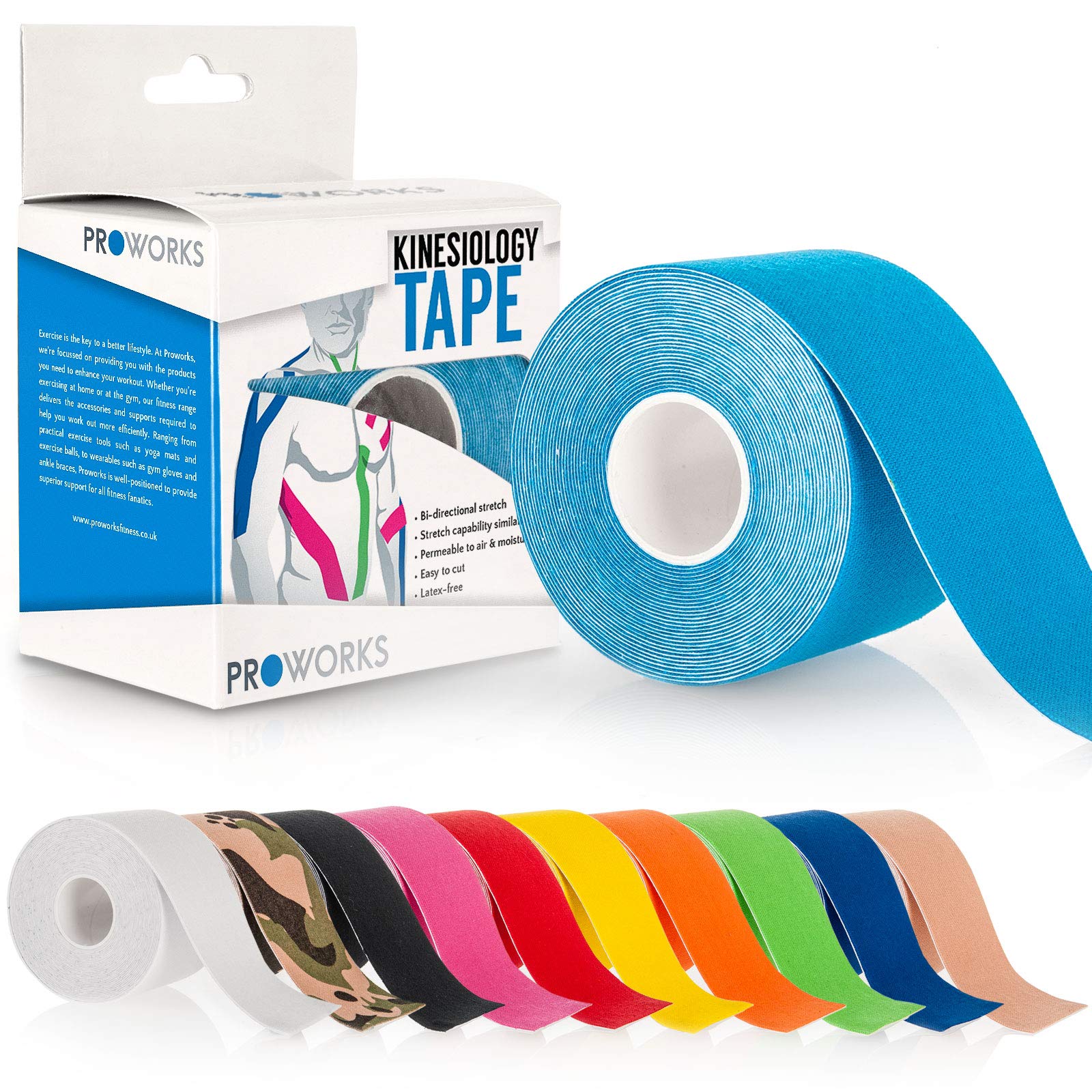 Proworks Kinesiology Tape | 5m Roll of Elastic Muscle Support Tape for Exercise, Sports & Injury Recovery