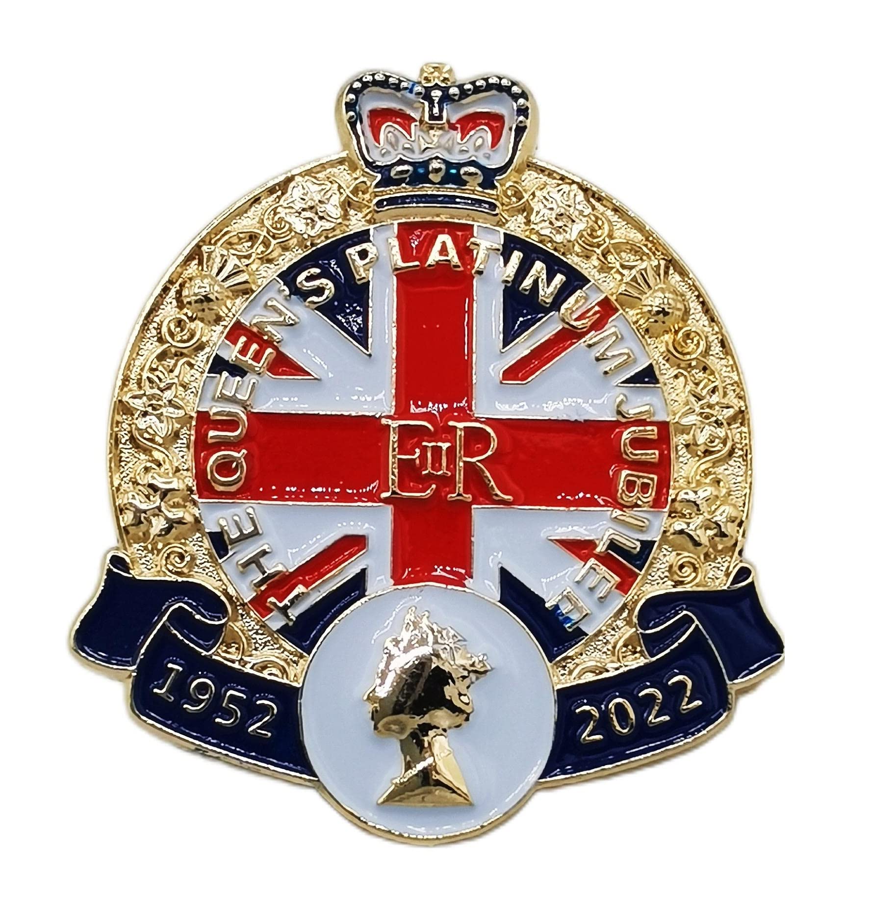 1952-2022 Platinum Jubilee ER Queen Elizabeth II Enamel Pin Badge/Brooch, 36X31MM. Colour Gold