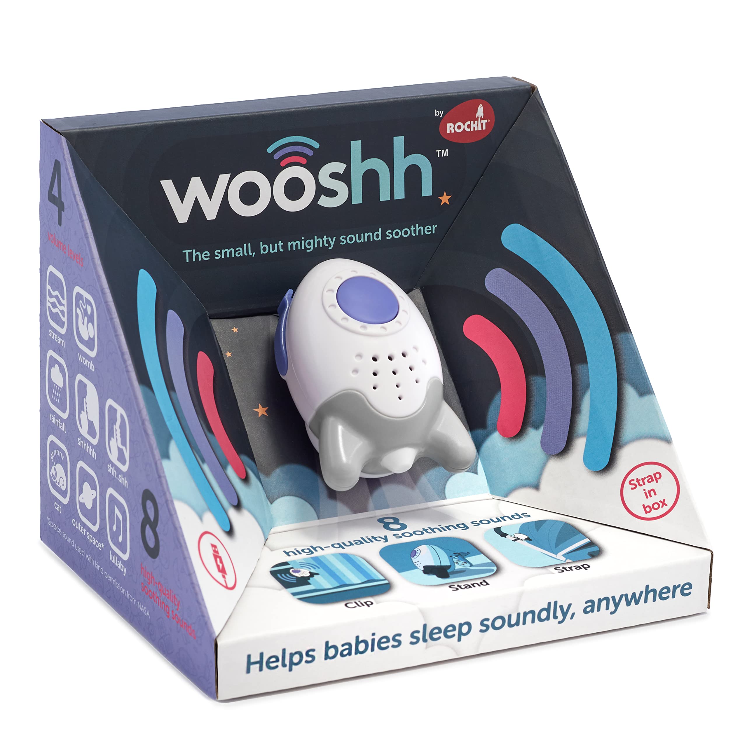 Wooshh by Rockit. Rechargeable, Portable Sound-Soother with 8 Calming Sounds and 4 Volume Levels. Stand, Clip or Strap it. You can take it with You Everywhere.