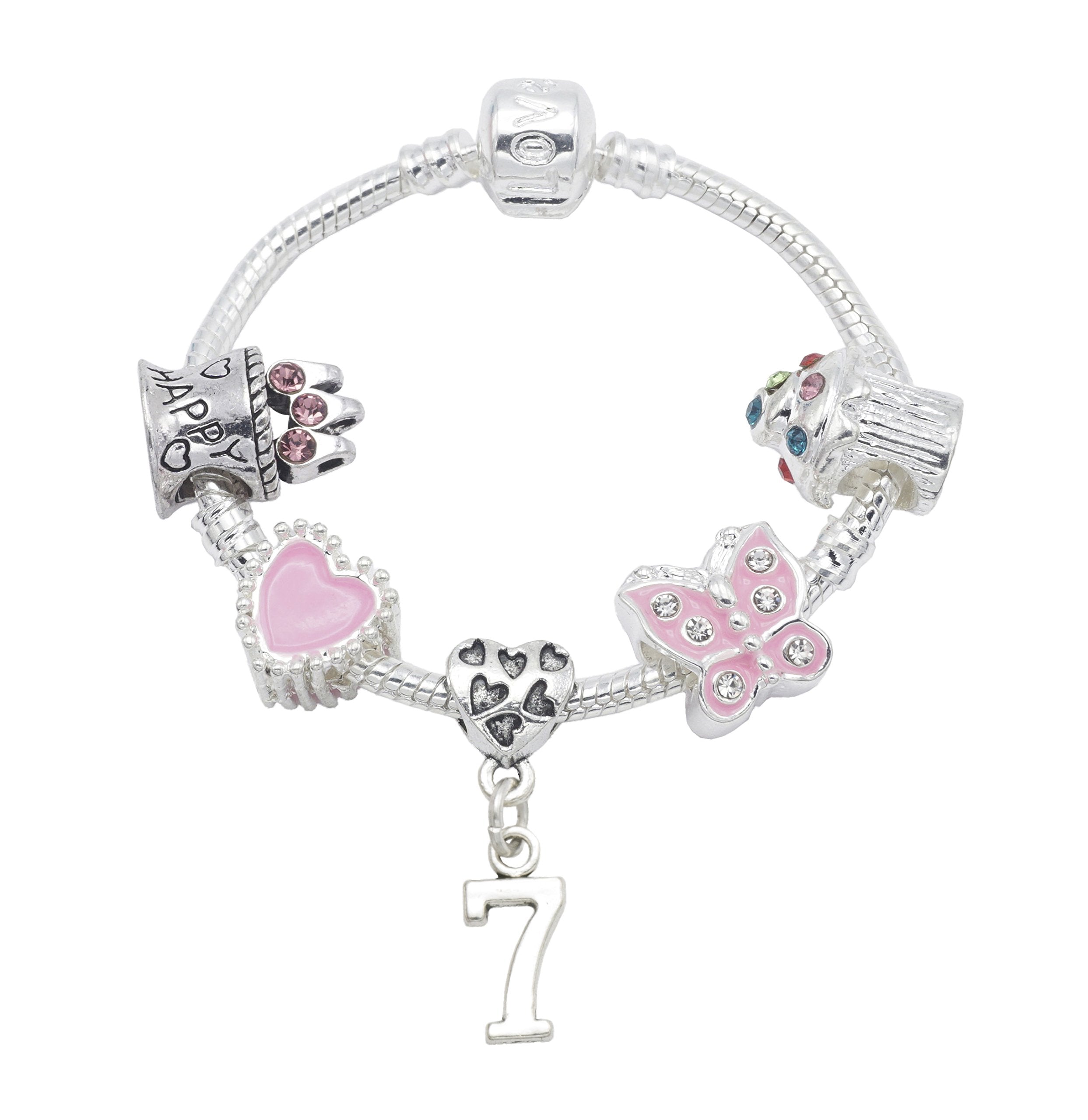 7th Birthday Silver Plated Charm Bracelet for Girls with Gift Box