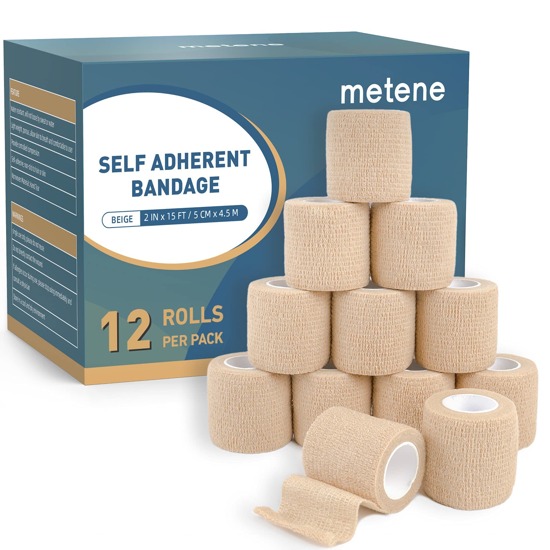 Metene Self Adhesive Bandage Wrap 12 Pack, Athletic Tape 2 Inches X 5 Yards, Sports Tape, Breathable, Waterproof, Elastic Bandage for Sports, Wrist and Ankle Wrap Tape, Non-Woven Bandage (Brown)