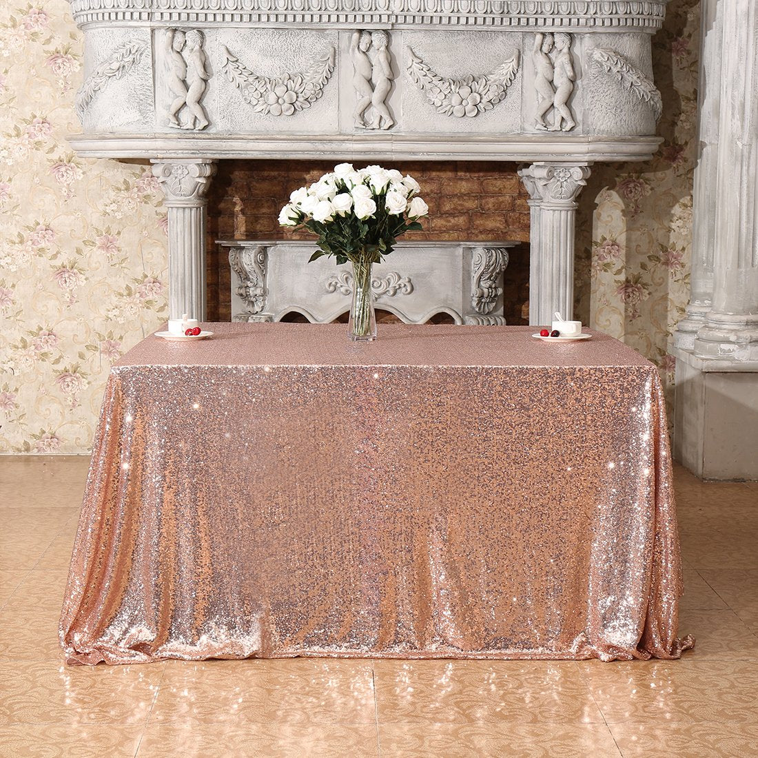 3E Home 127x127cm 50" X 50" Rose Gold Sequin Tablecloth Square Table Overlay Wedding Party Banquet
