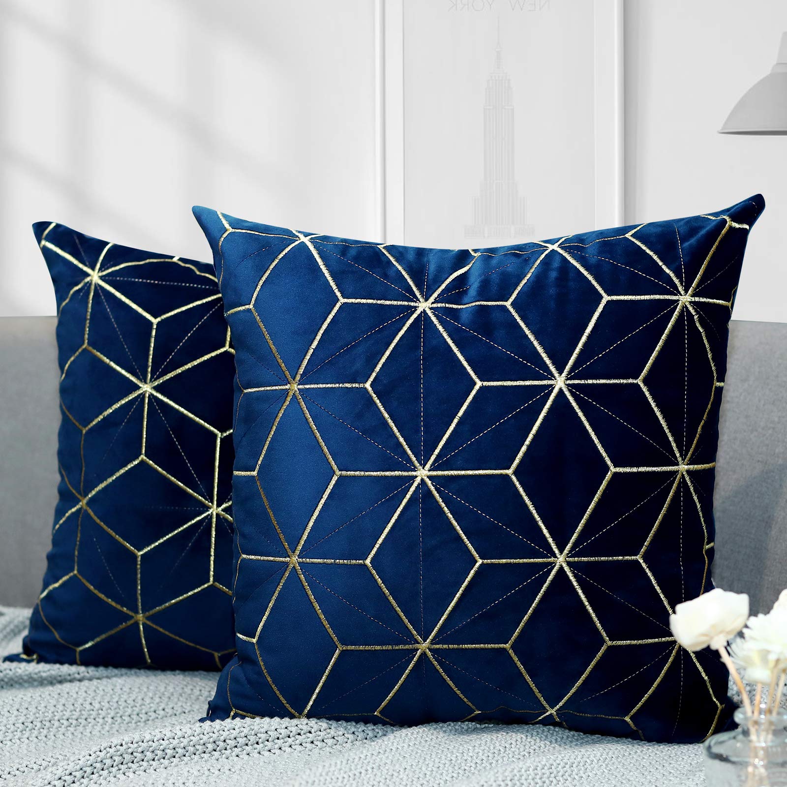 Lewondr Golden Embroidery Velvet Throw Pillow Cover, 2 Pack Soft Velvet Throw Pillow Case Golden Lines Embroidered Rhombus Pattern Back Cushion Cover for Car Sofa Bed 18"x18"(45x45cm), Navy Blue
