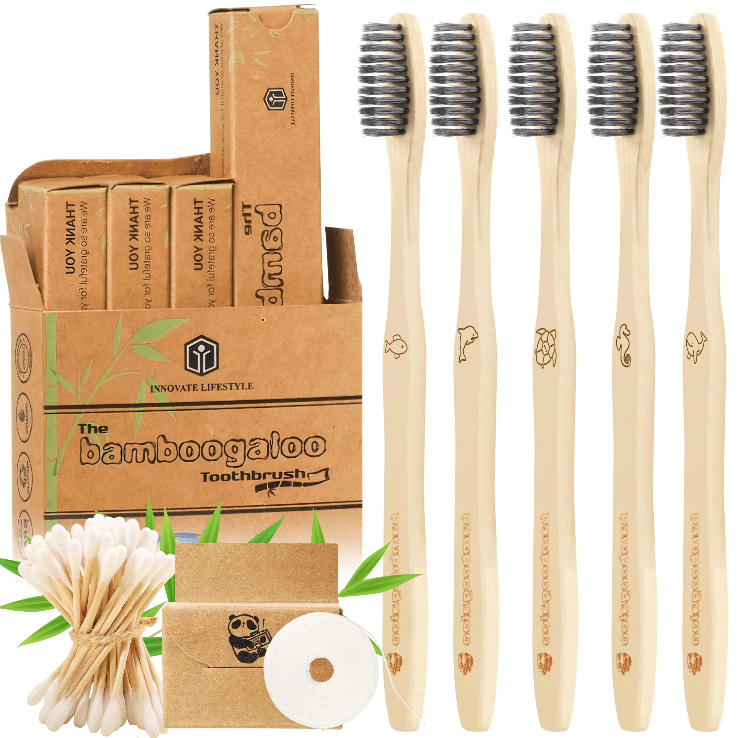 Bamboogaloo Charcoal Bamboo ECO Dent Toothbrushes - Natural Wood Organic Cotton Buds & Dental Floss - Biodegradable - Medium Firm Bristles - 5 Pack