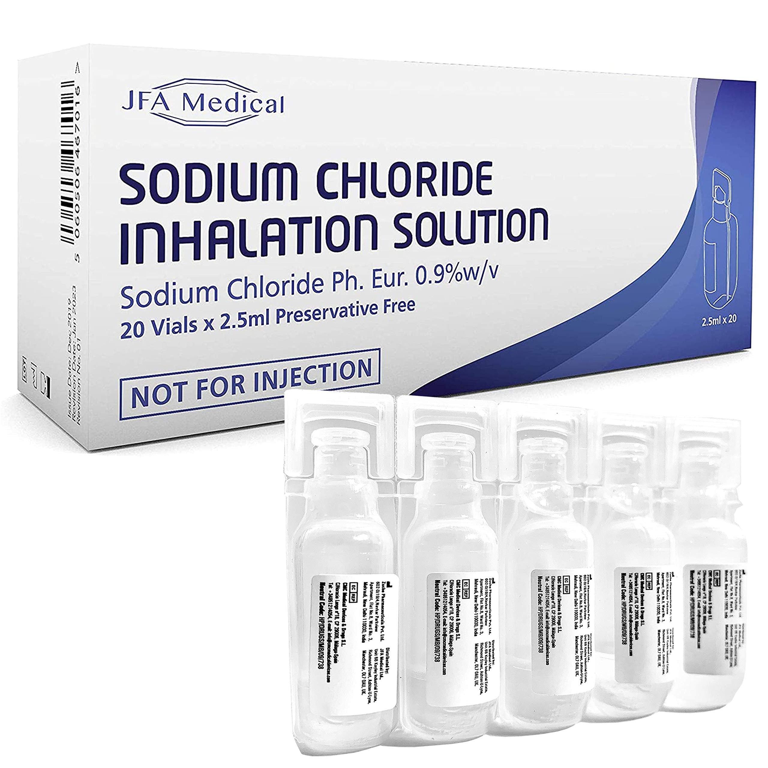 JFA Medical Isotonic Sodium Chloride 0.9% NaCl Inhalation Saline Solution humidifying Airway Box of 20 X 2.5ml Unit-dose vials