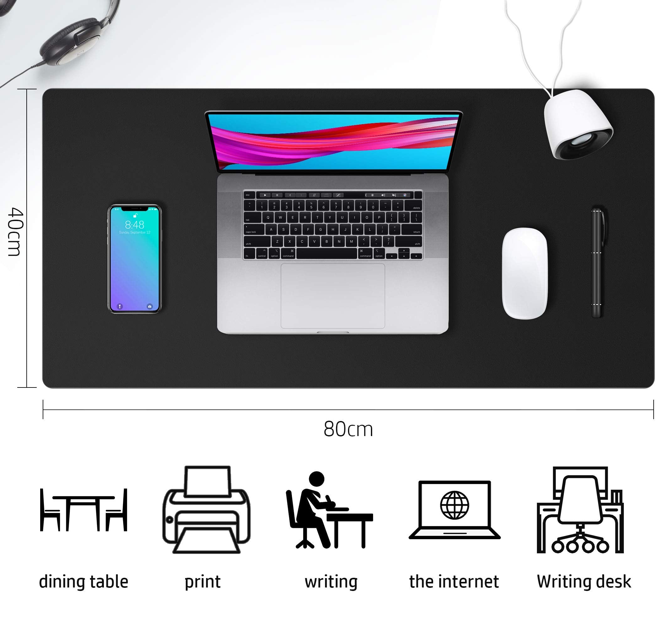 Leather Desk Pad Protector,Mouse Pad,Office Desk Mat,Non-Slip PU Leather Desk Blotter,Laptop Desk Pad,Waterproof Desk Writing Pad for Office and Home (80cm x 40cm, Black)