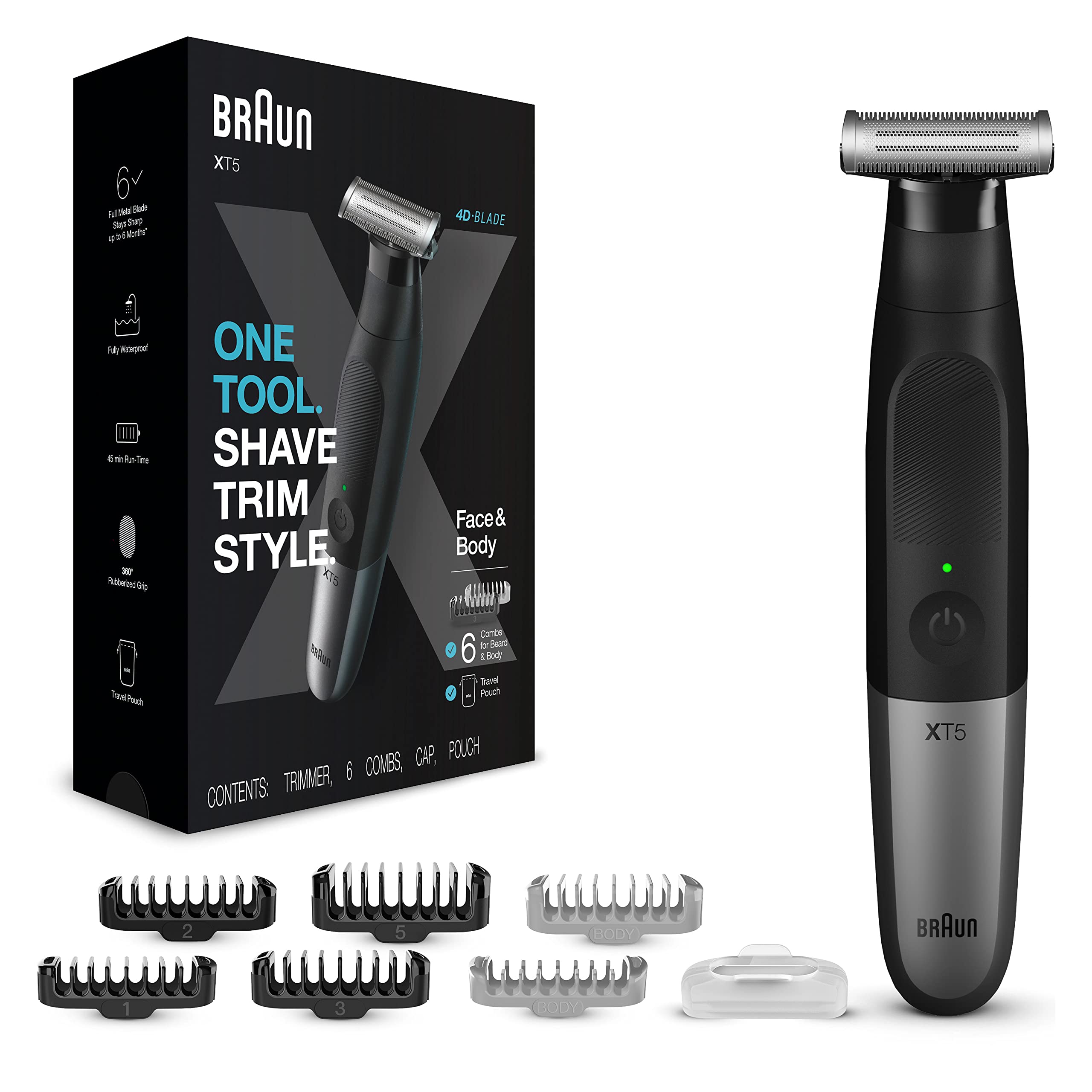 Braun Series XT5 Hybrid Beard & Stubble Trimmer, Electric Shaver for Men, Body Groomer for Manscaping With Travel Pouch & One Blade, Gifts For Men, XT5200, Black Razor