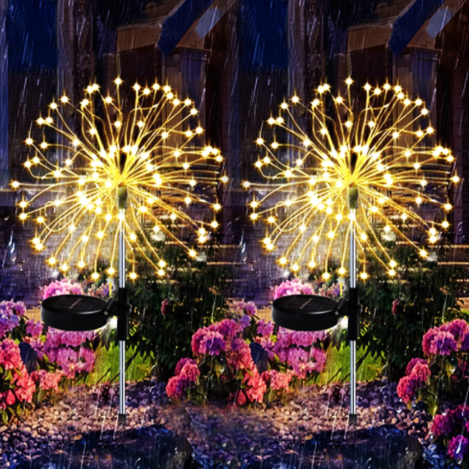 Solar Firework Lights Garden, 2 PCS 150 LED Decorative Starburst Lights Outdoor 8 Flashing Mode IP65 Waterproof, 50PCS Copper Wire Pathway Lighting for Patio Lawn Backyard Wedding Party (Warm White)