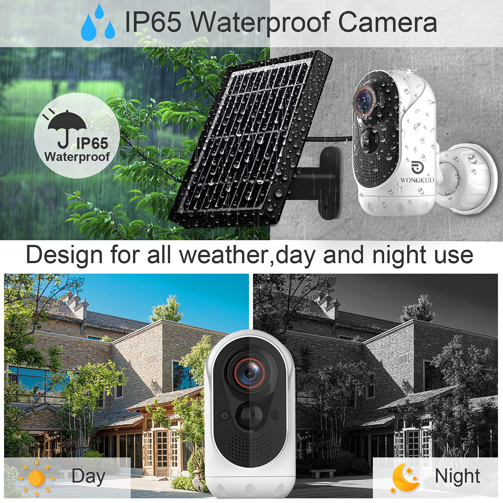 WONGKUO Solar Security Camera Outdoor Wireless - WiFi Rechargeable Battery Powered Camera with Solar Panel, 1080P Smart Home CCTV Camera PIR Human Detection, Night Vision, 2-Way Audio, Waterproof