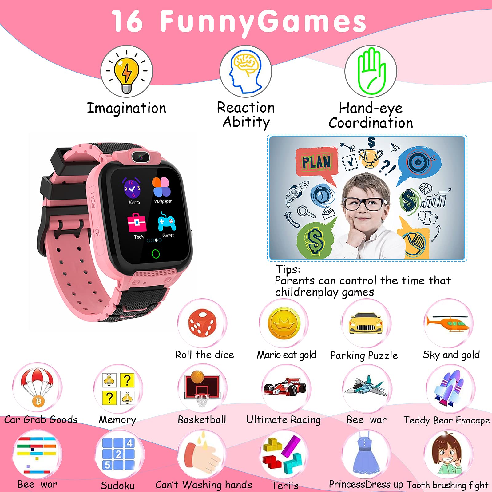 Vannico Kids Smart Watch, Video 16Games Music Player Smartwatch for Kids HD Camera 80MP Recorder Alarm Touch LCD for Boys Girls Children Birthday Gifts