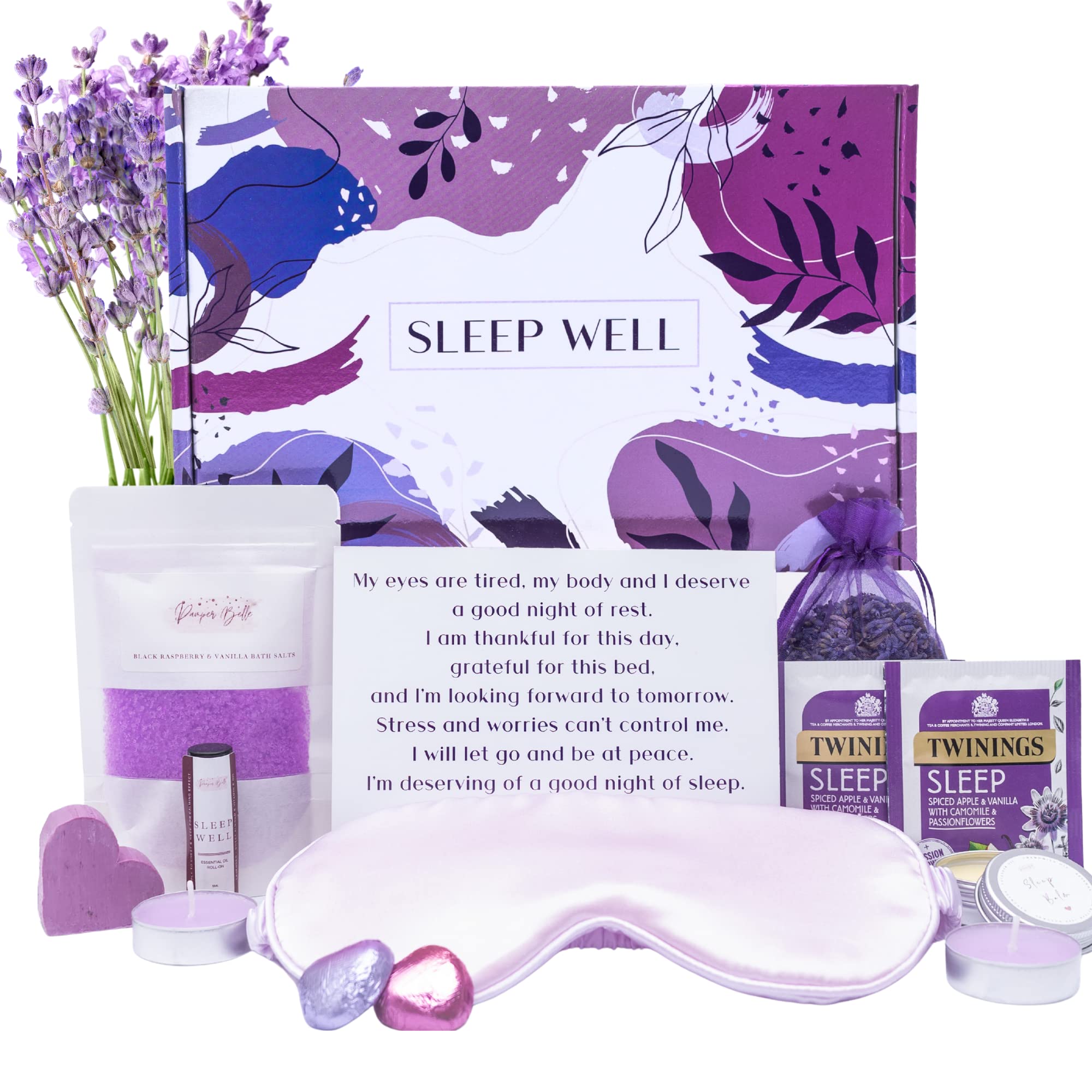 Relaxation gift for women, Aromatherapy spa at home to help sleep, Pamper hamper with Lavender sleep roll-on, Bath salts Candle and Sleep Mask