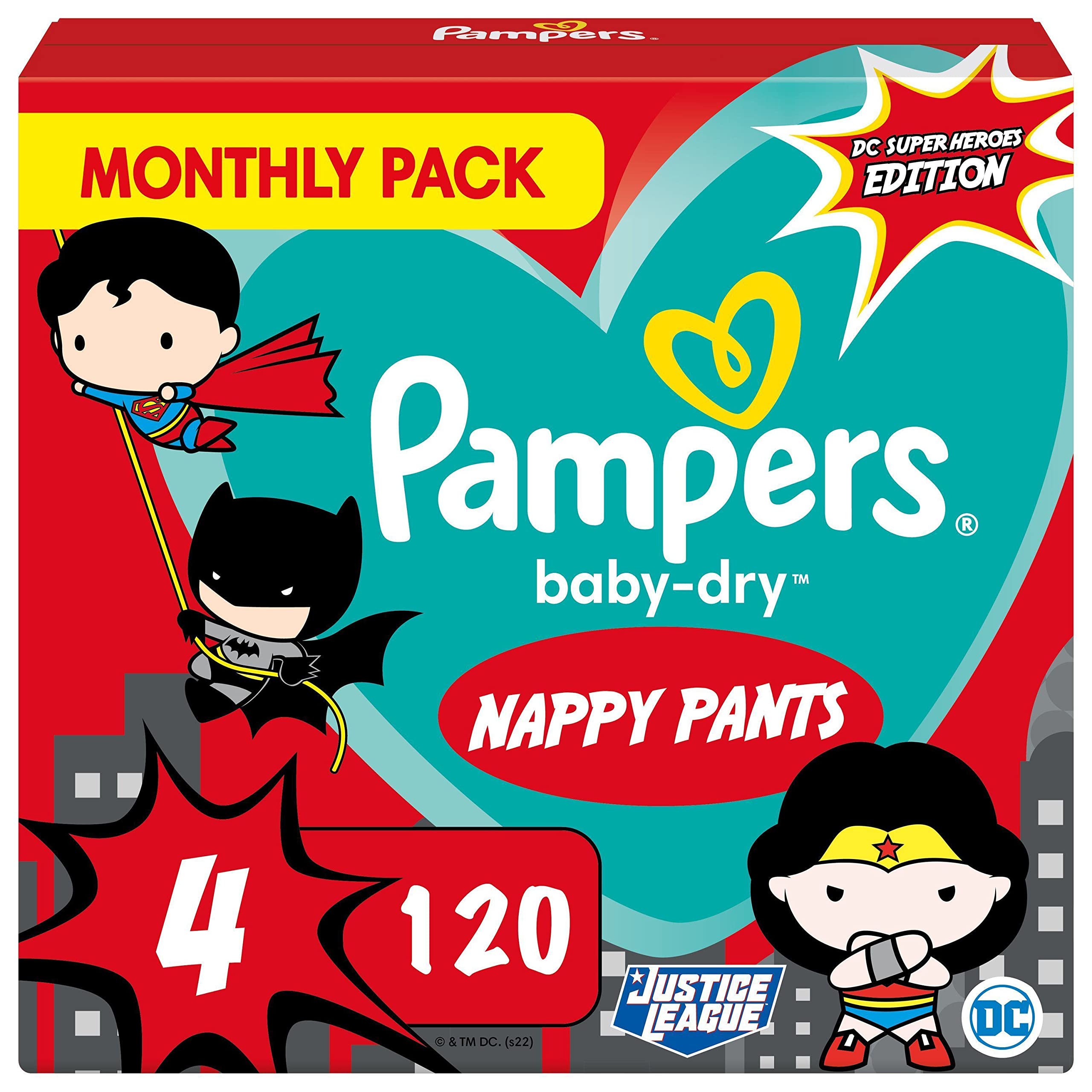 Pampers Baby Nappy Pants Size 4 (9-15 kg/20-33 Lb), Baby-Dry Superhero, 120 Wipes, MONTHLY SAVINGS PACK, With A Stop & Protect Pocket