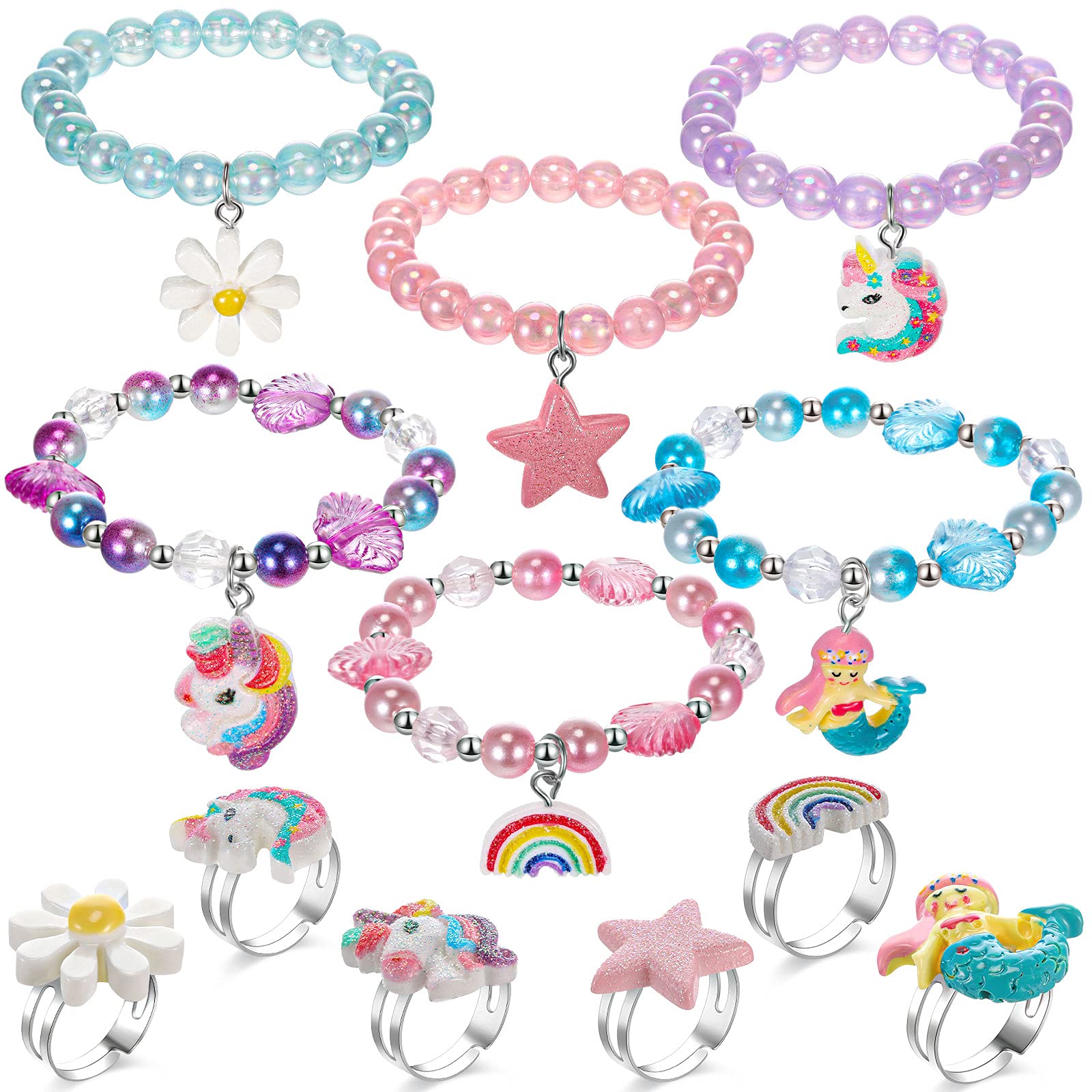 12 Pieces Colorful Unicorn Bracelet Rainbow Unicorn Beaded Bracelet Girls Stretchy Rainbow Bracelets Princess Beaded Mermaid Bracelet and Colorful Rings