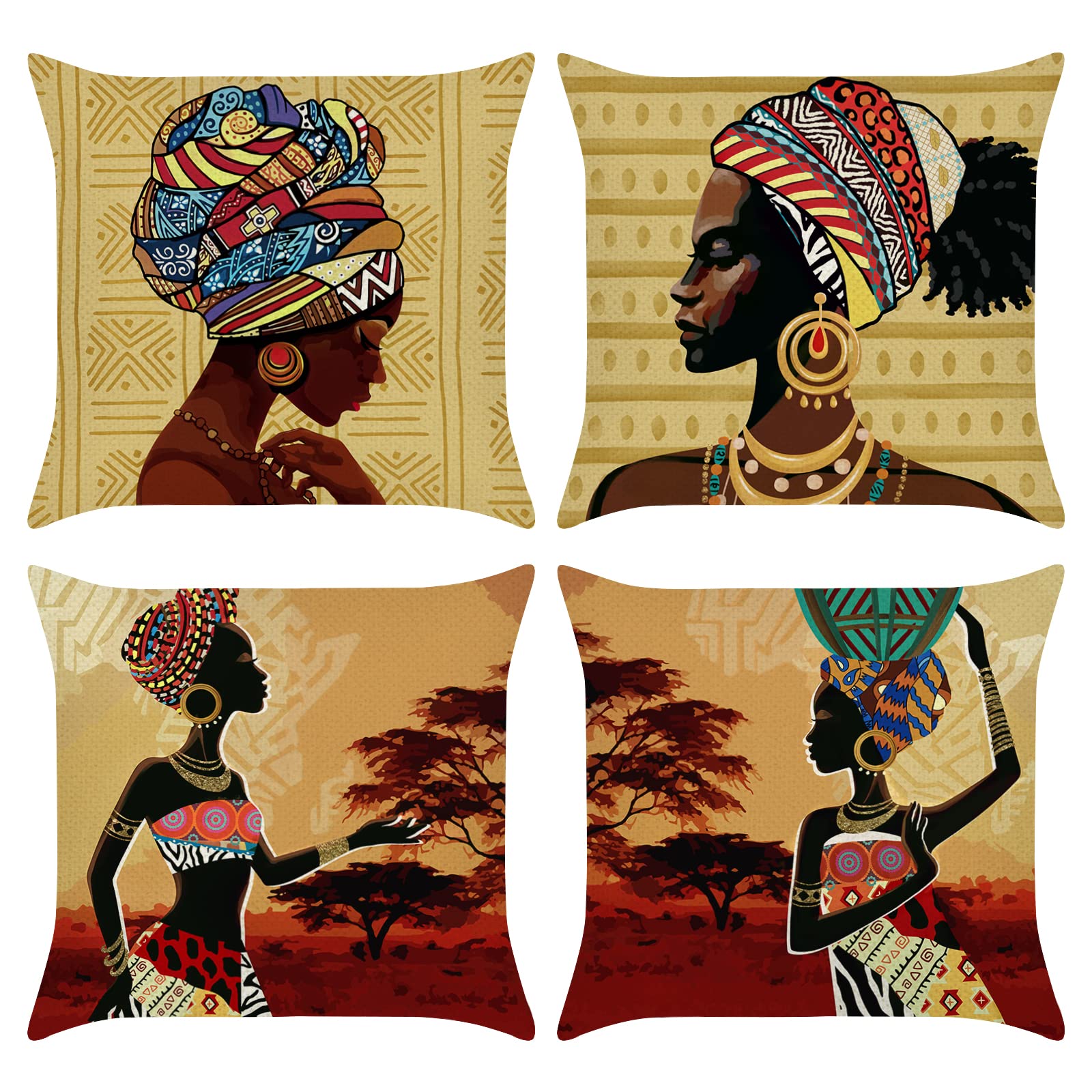 Bonhause African Women Cushion Covers 18 x 18 Inch Set of 4 Ethnic Tribal Black Girls Decorative Accent Throw Pillow Covers Polyester Linen Pillowcases for Sofa Couch Bed Home Decor, 45 x 45 cm