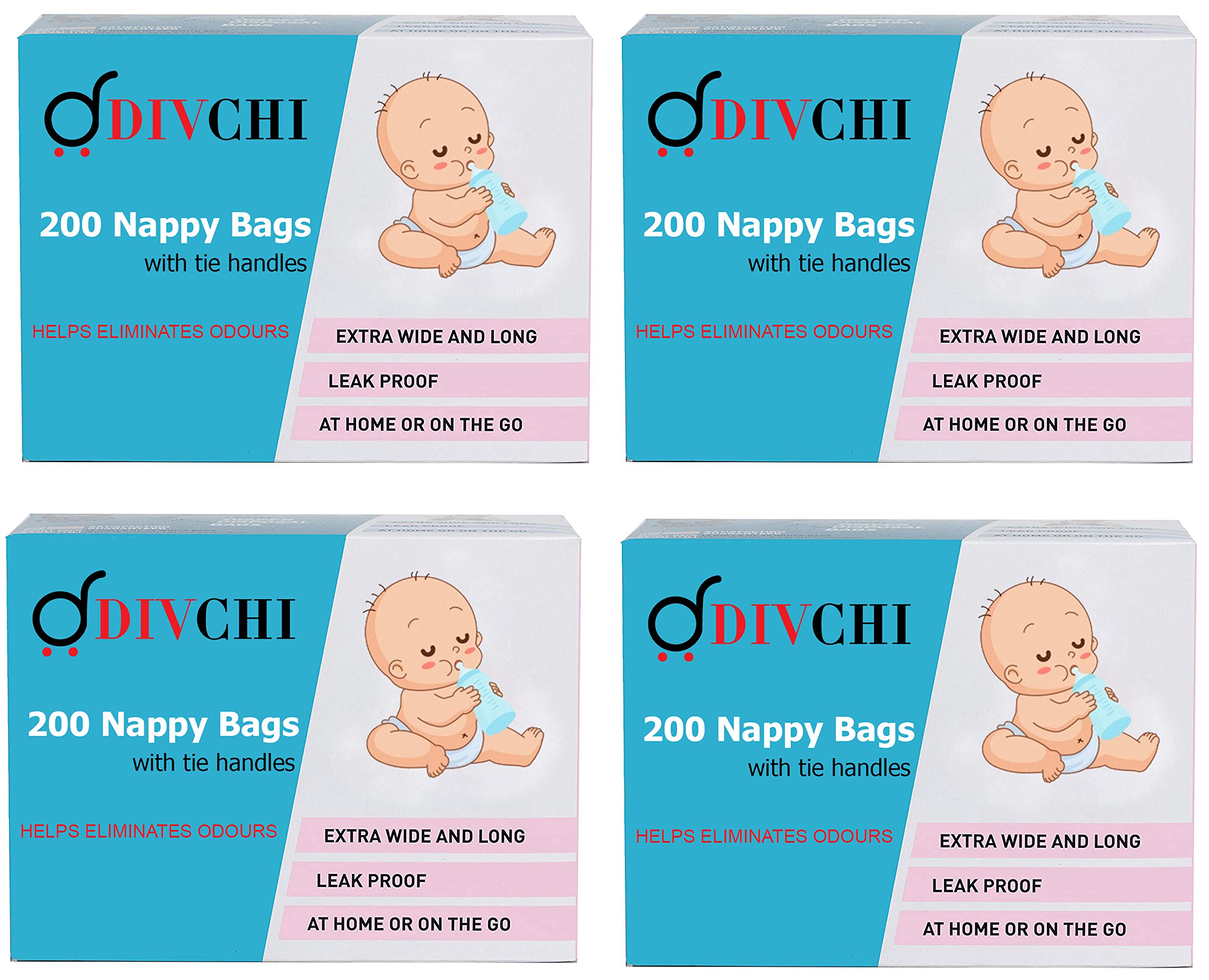 DIVCHI Baby Disposable Diaper Sacks Bags Dispenser Antibacterial Power Scented Nappy Disposal Bags Easy-Tie for Travel - 4 x 200 Pack (800 in Total)