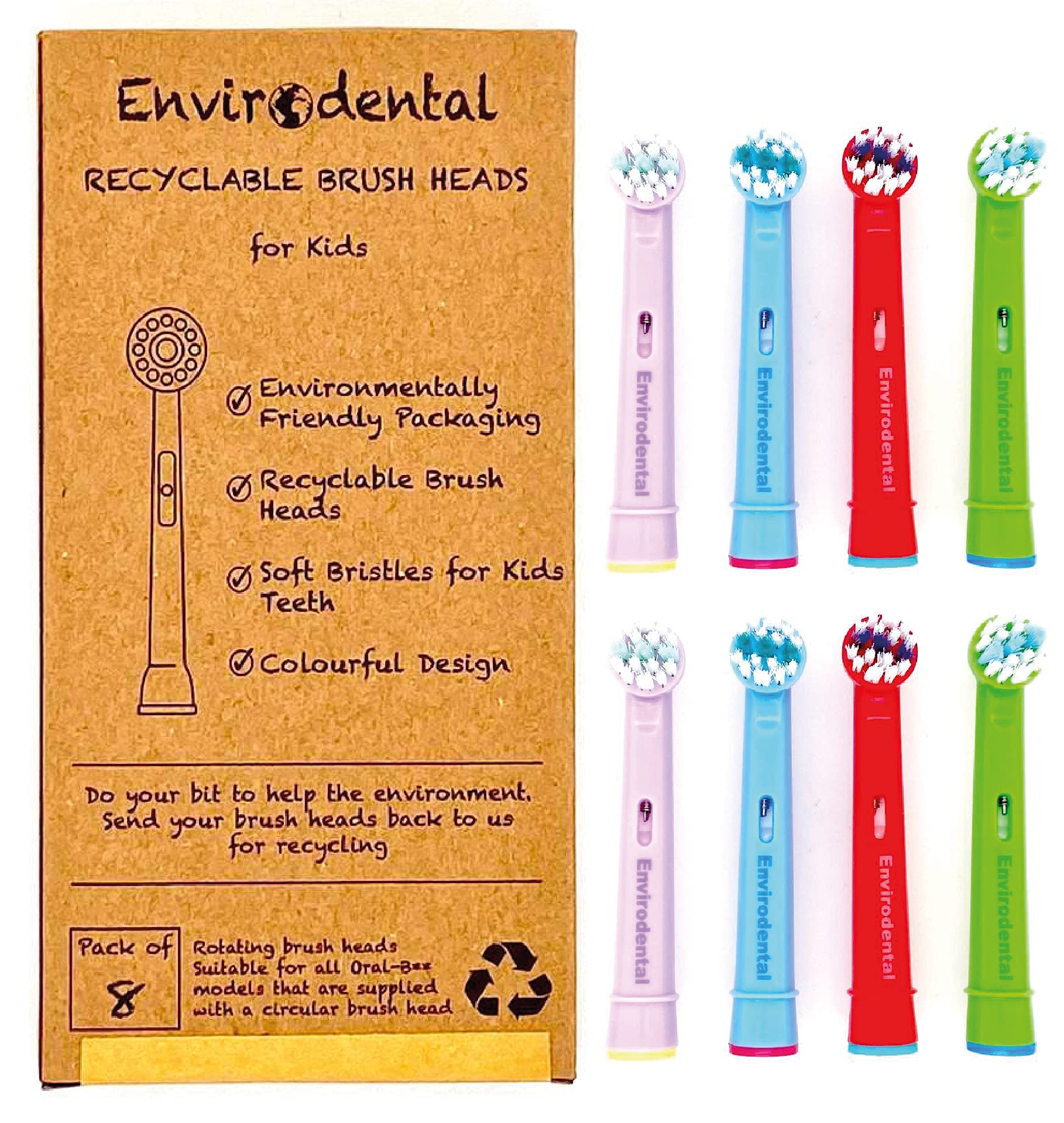 Eco Friendly Oral B Compatible Replacement Kids Toothbrush Heads by Envirodental - Fully Recyclable Colourful Pack of 8 Brushes - with Soft Bristles for Kids - for Electric Toothbrushes