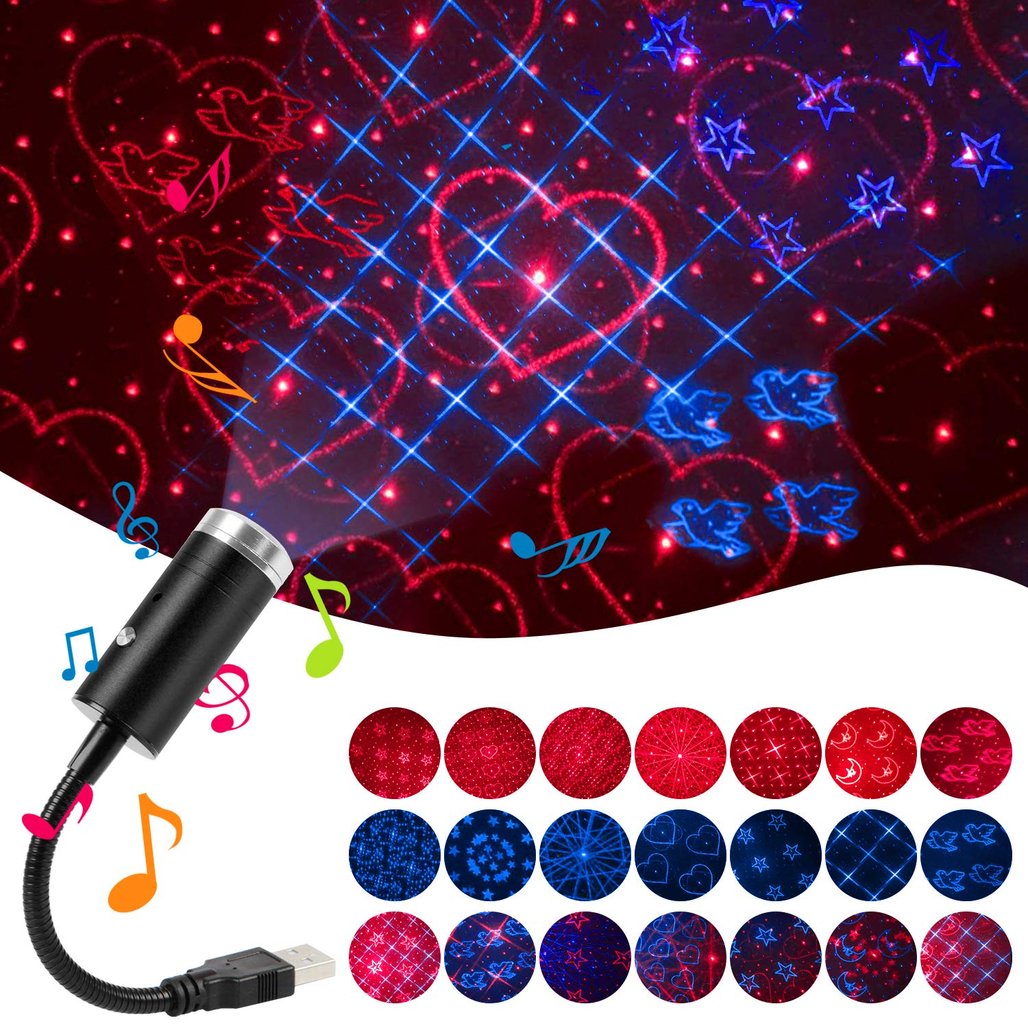 USB Star Night Light,9 Functional Modes | 24 Lighting Effects,Sound Activated Strobe Atmosphere Decorations for Car Interior,Ceiling, Bedroom, Party and More (Blue&Red)