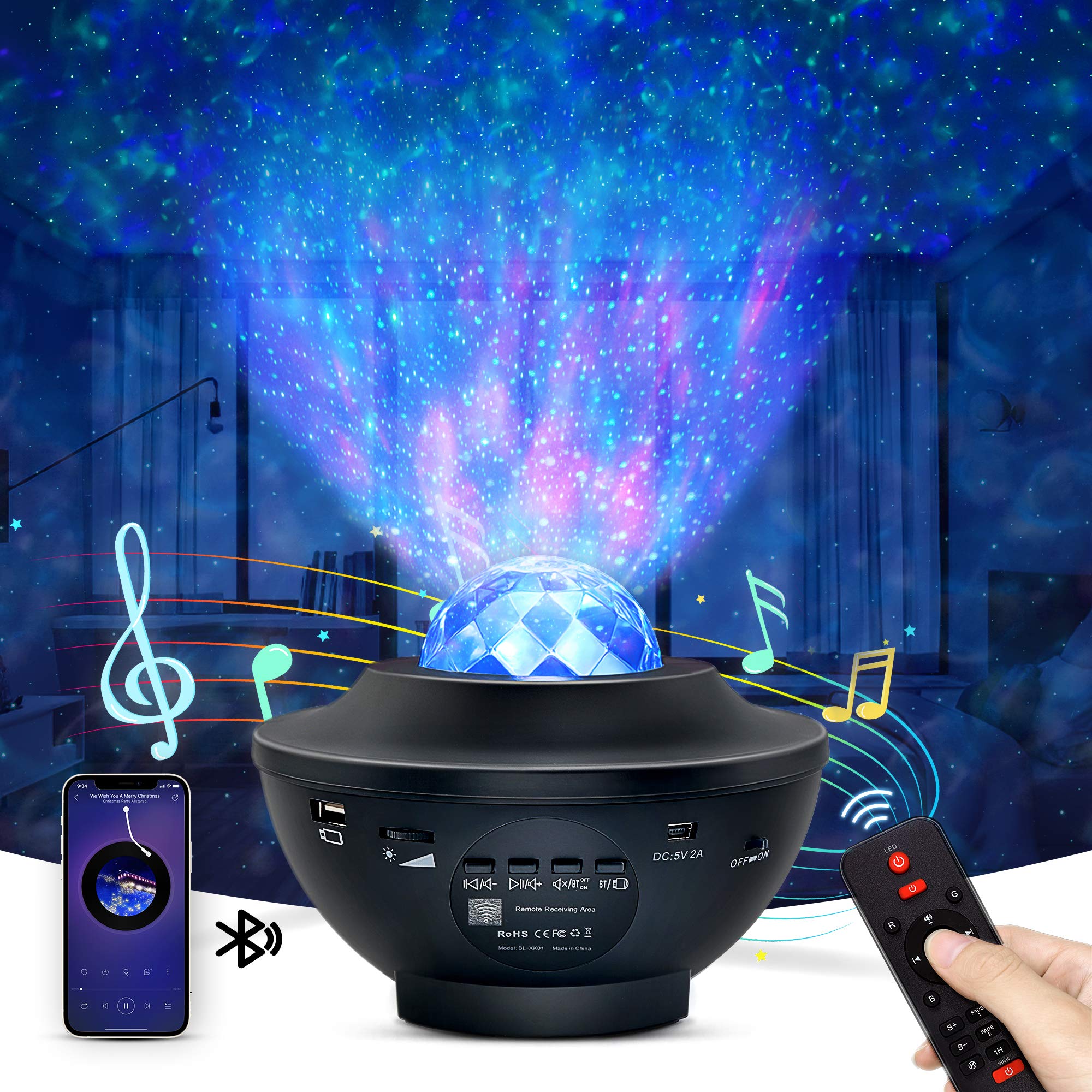OTTOLIVES Star Projector Night Light 2 in 1 Star Galaxy Projector & LED Nebula Cloud/Rotatable Ocean Wave Projector with Remote Control & Bluetooth Music Speaker for Kids Adults Bedroom Decoration