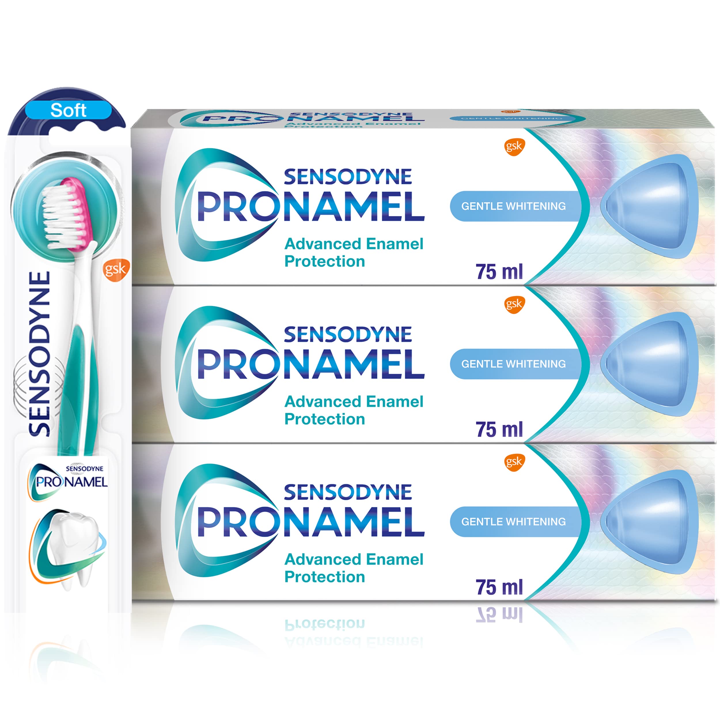 Sensodyne Pronamel Regime Kit | 3x Sensodyne Pronamel Gentle Whitening Cool Mint Toothpaste 75 ml and 1x Pronamel Toothbrush | Daily Oral And Enamel Care Regimen