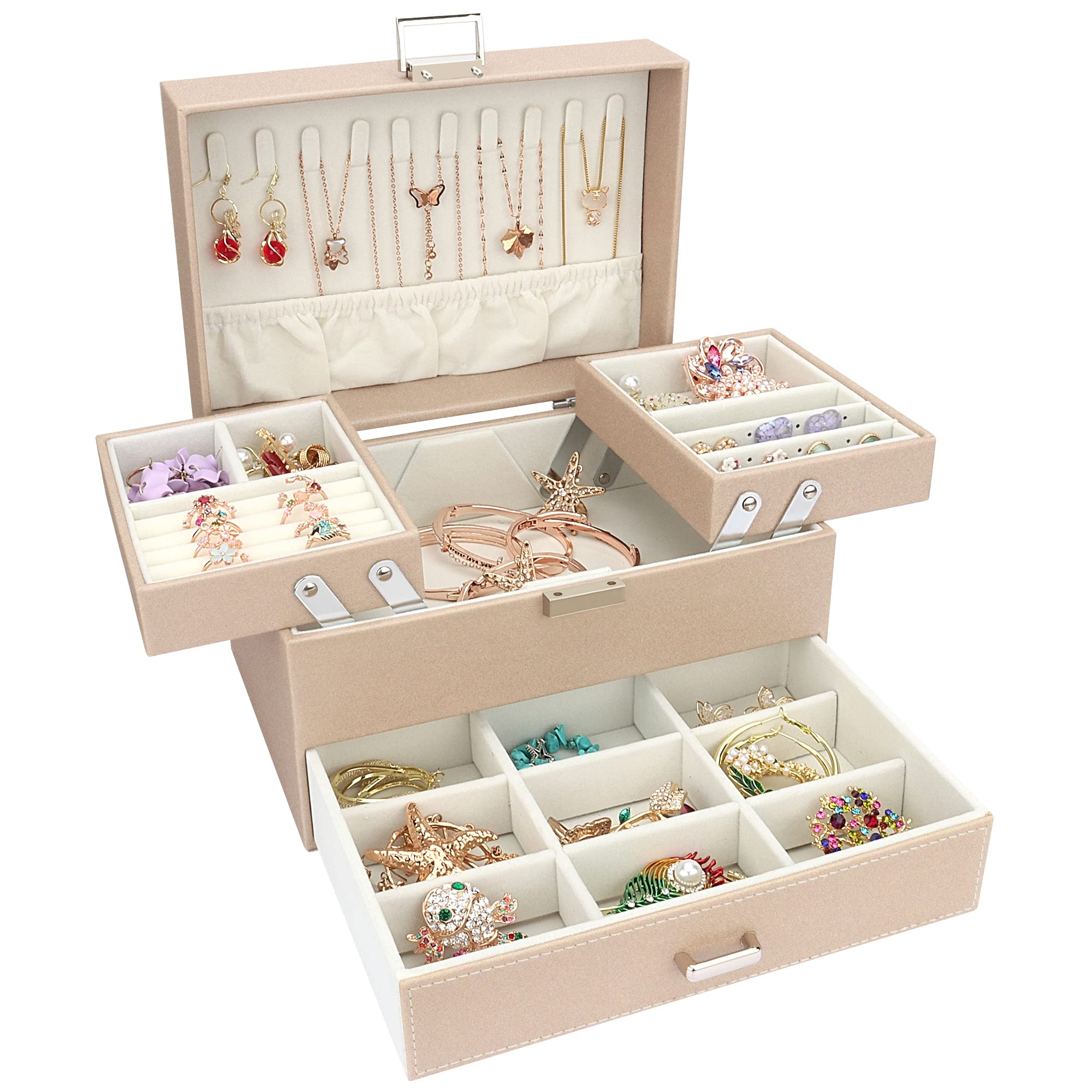 Jewellery Box Organiser, PU Leather Jewellery Case for women, Large Jewellery Organiser with Drawer, Jewellery Storage Case for Necklaces Earrings Bracelets and Rings,White
